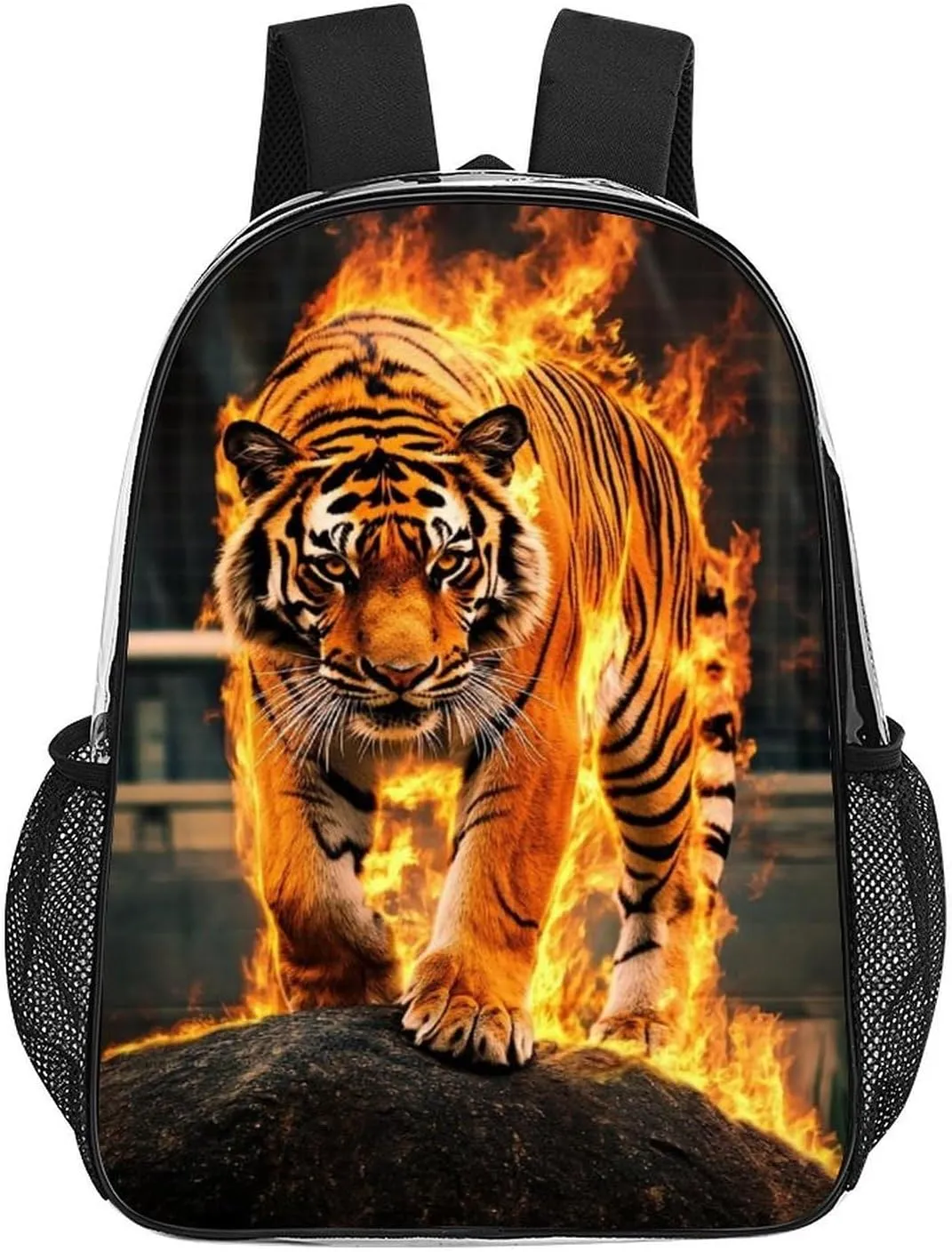 Men Women Lightweight Fire Flame Tiger Daypack Bookbag Big Capacity Carry On Bag Transparent Bag for Camping Travel Bicycle