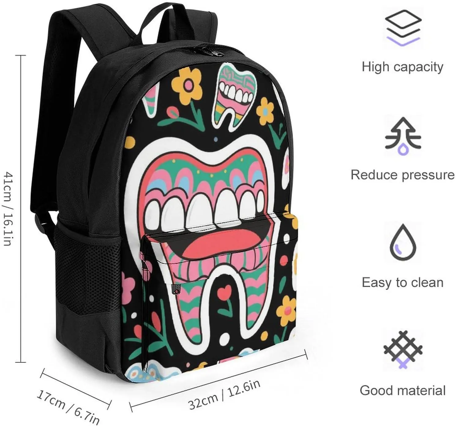 Men Women Lightweight Funny Teeth Dental Art Backpack Large Capacity Carry On Bag With Padded Straps for Sports Work Walking Cycling