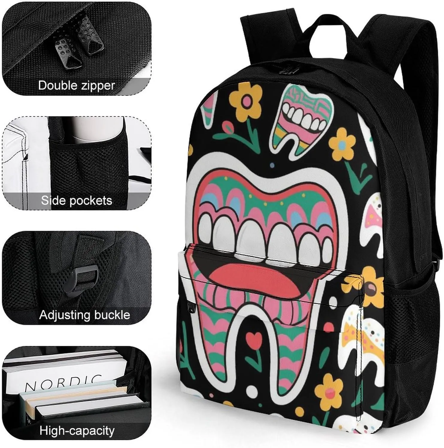 Men Women Lightweight Funny Teeth Dental Art Backpack Large Capacity Carry On Bag With Padded Straps for Sports Work Walking Cycling
