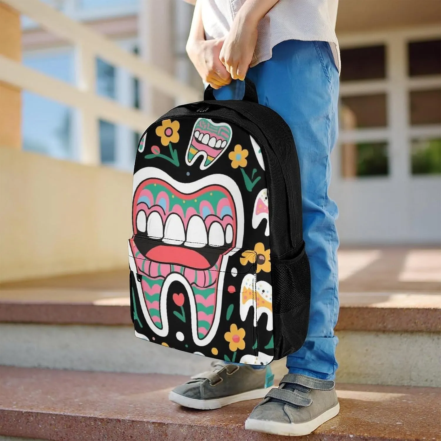 Men Women Lightweight Funny Teeth Dental Art Backpack Large Capacity Carry On Bag With Padded Straps for Sports Work Walking Cycling
