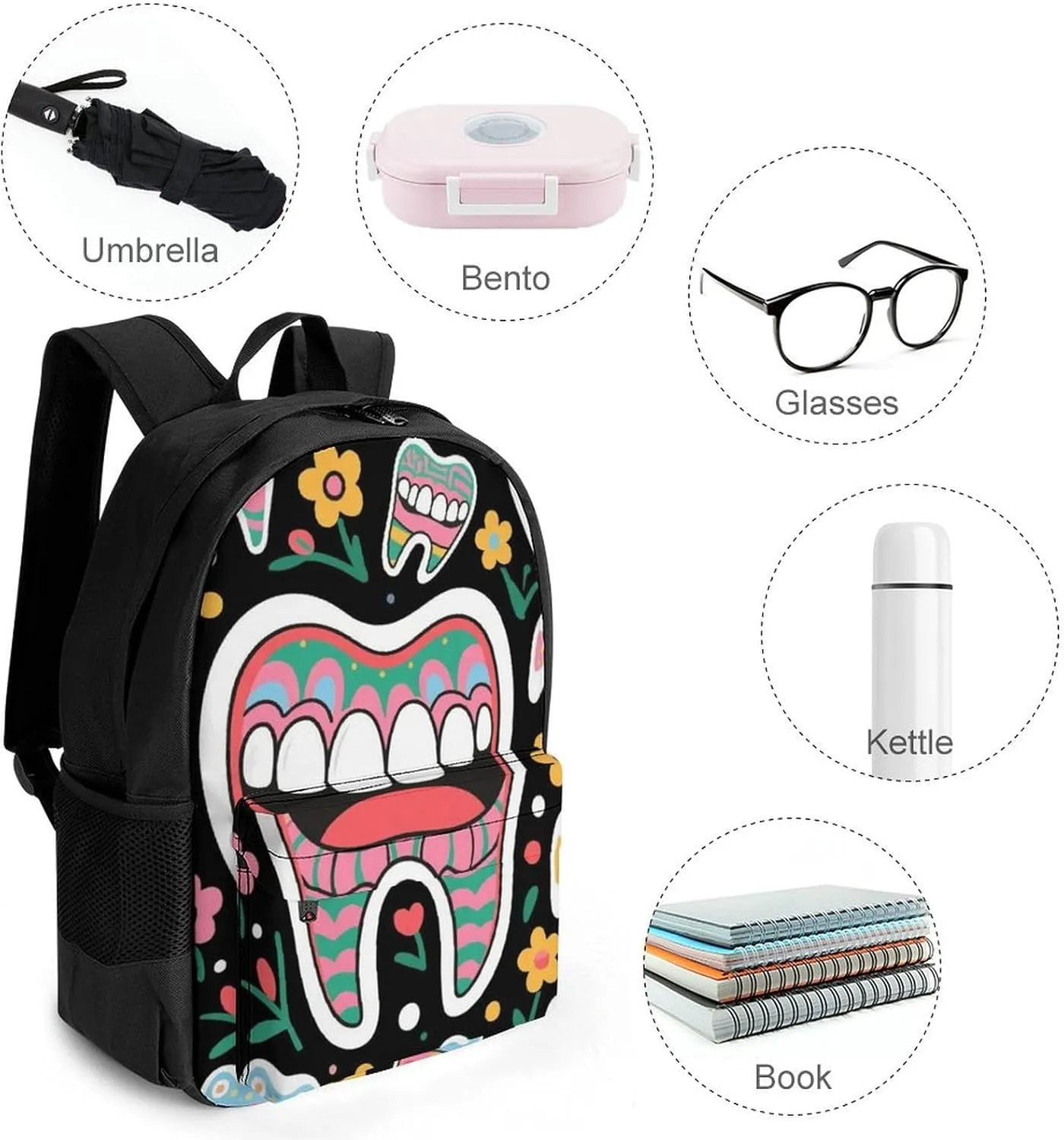 Men Women Lightweight Funny Teeth Dental Art Backpack Large Capacity Carry On Bag With Padded Straps for Sports Work Walking Cycling