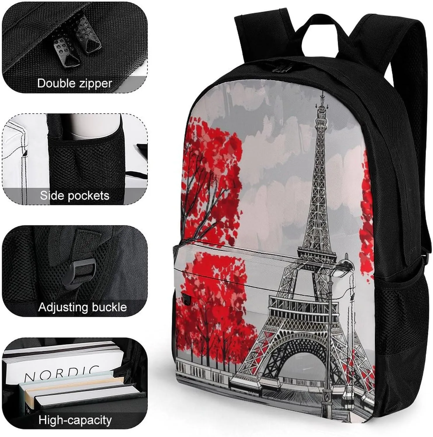 Men Women Lightweight Paris European City Landscape France Eiffel Tower Oil Art Backpack Large Capacity Carry On Bag With Padded Straps for Sports Work Walking Cycling