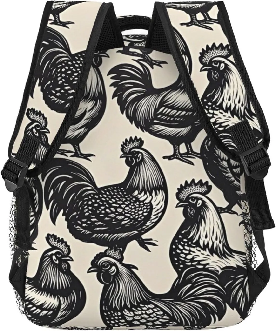 Men Women Lightweight Rustic Farmhouse Chicken Rooster Art Daypack Bookbag Big Capacity Carry On Bag With Side Pockets for Camping Travel Bicycle