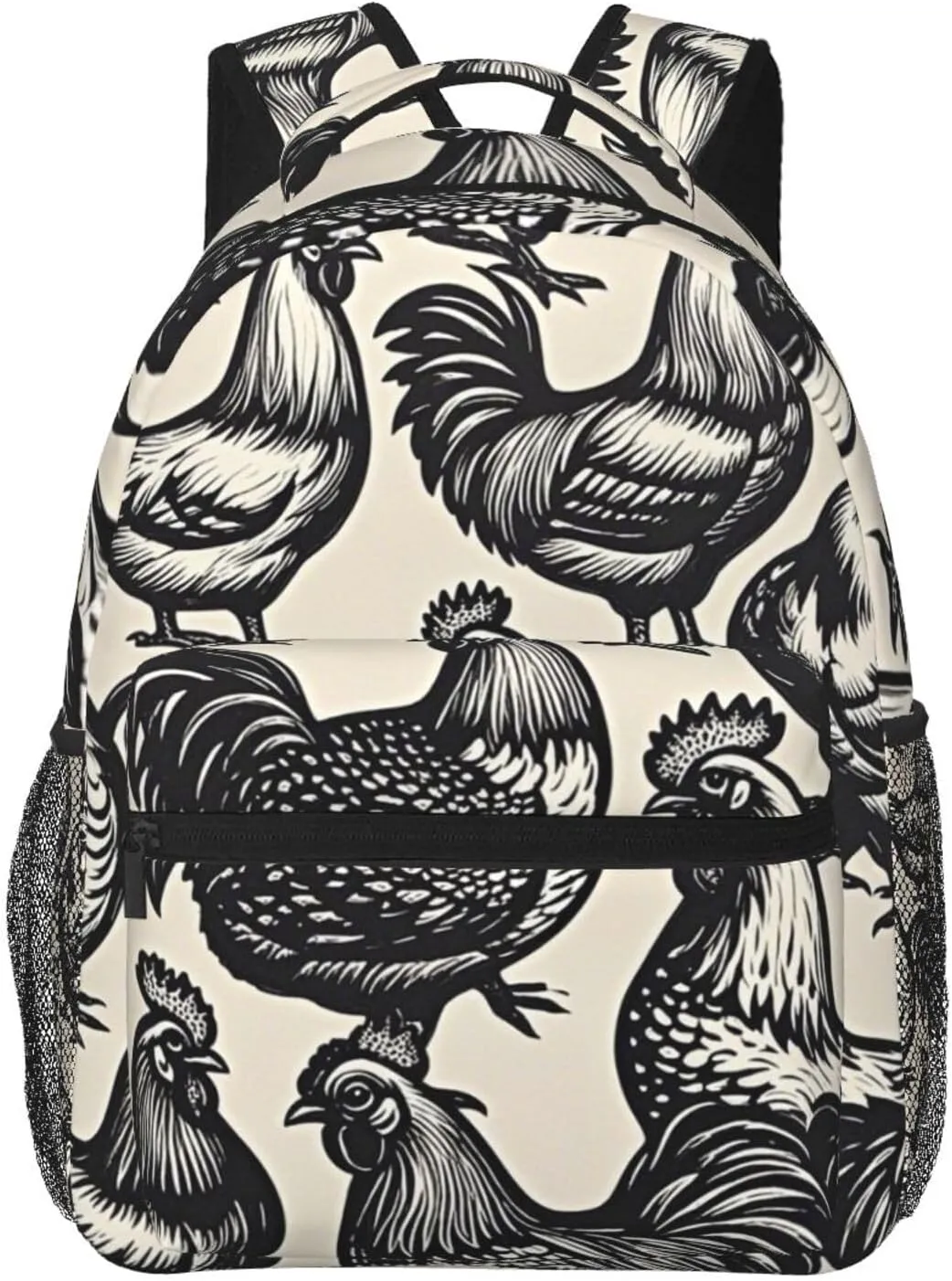 Men Women Lightweight Rustic Farmhouse Chicken Rooster Art Daypack Bookbag Big Capacity Carry On Bag With Side Pockets for Camping Travel Bicycle