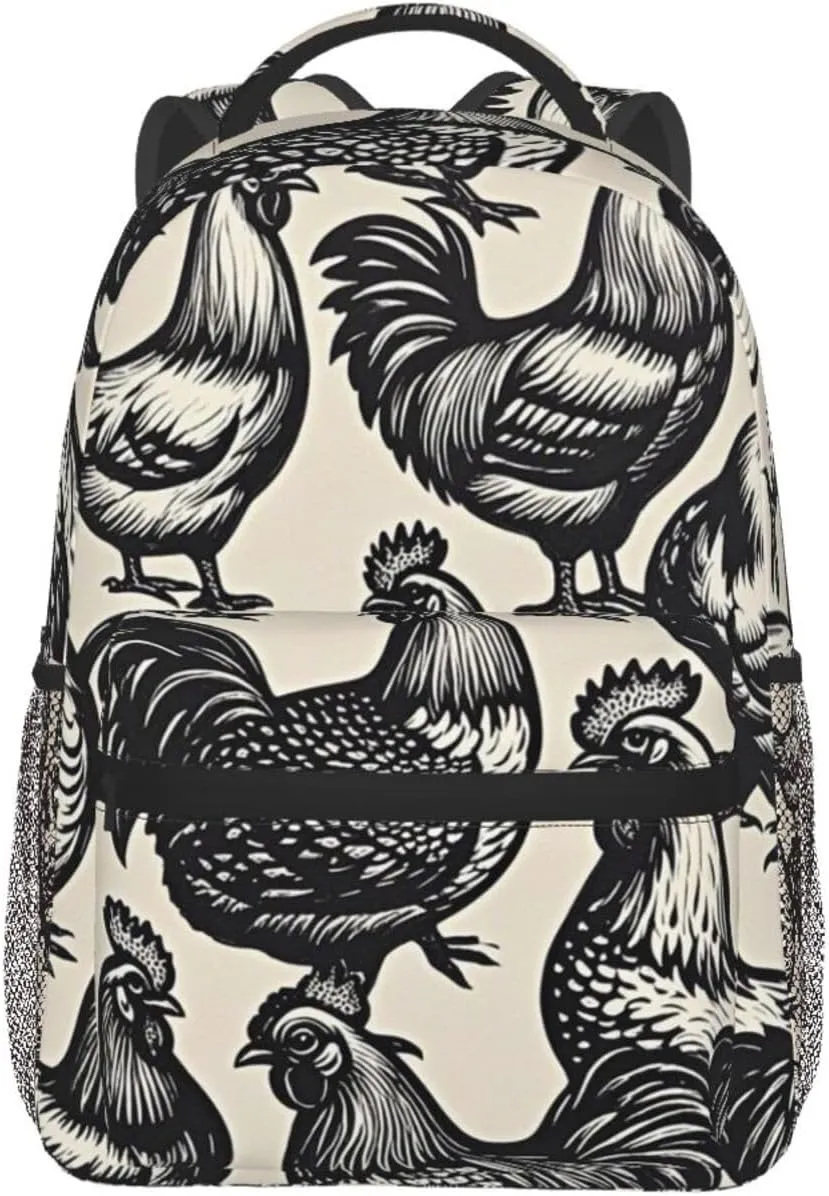 Men Women Lightweight Rustic Farmhouse Chicken Rooster Art Daypack Bookbag Big Capacity Carry On Bag With Side Pockets for Camping Travel Bicycle