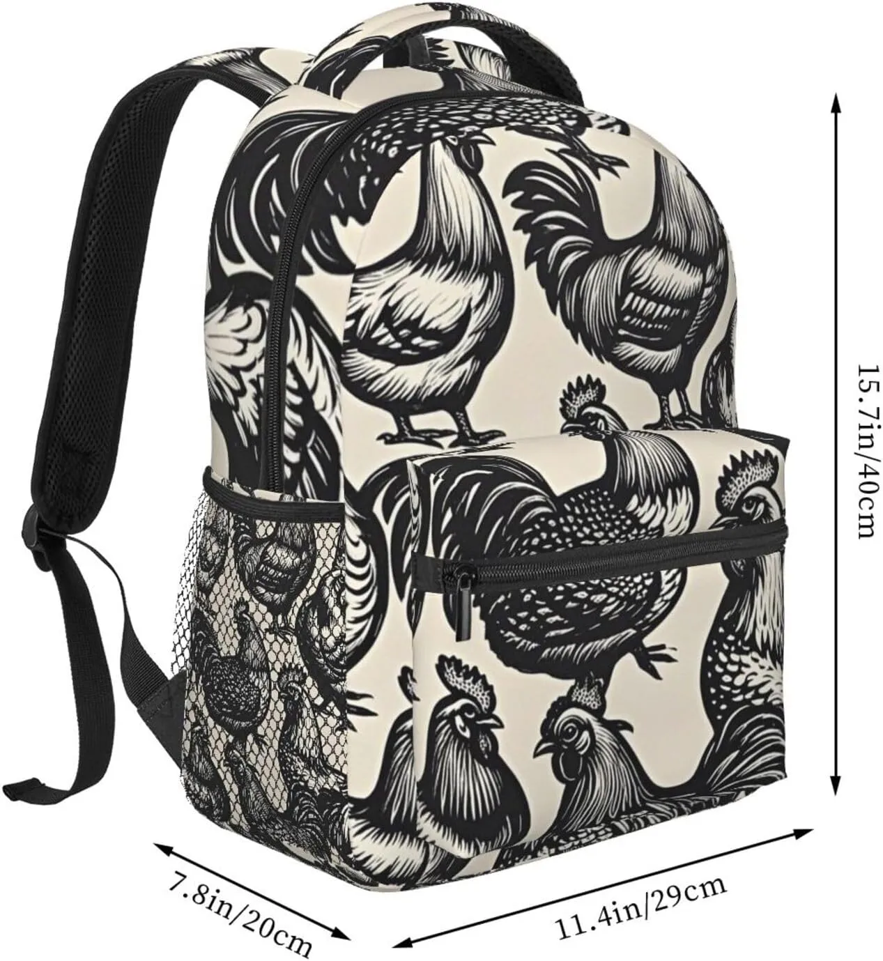 Men Women Lightweight Rustic Farmhouse Chicken Rooster Art Daypack Bookbag Big Capacity Carry On Bag With Side Pockets for Camping Travel Bicycle