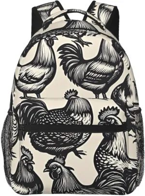 Men Women Lightweight Rustic Farmhouse Chicken Rooster Art Daypack Bookbag Big Capacity Carry On Bag With Side Pockets for Camping Travel Bicycle