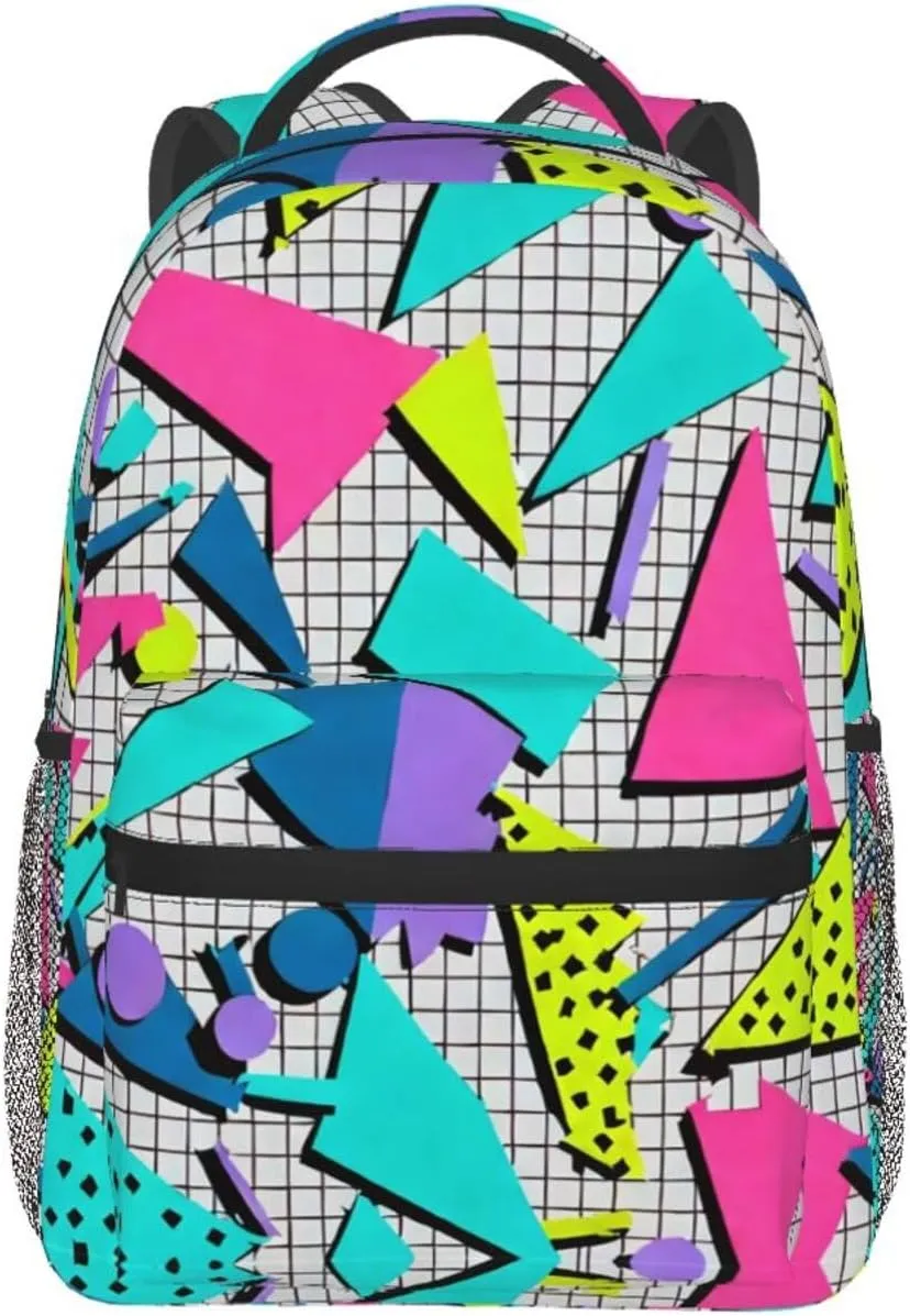 Men Women Polyester 80S 90S Fashion Style Geometric Colorful Art Daypack Big Capacity Shoulder Bag With Smooth Zippers for Hiking Work Walking Cycling