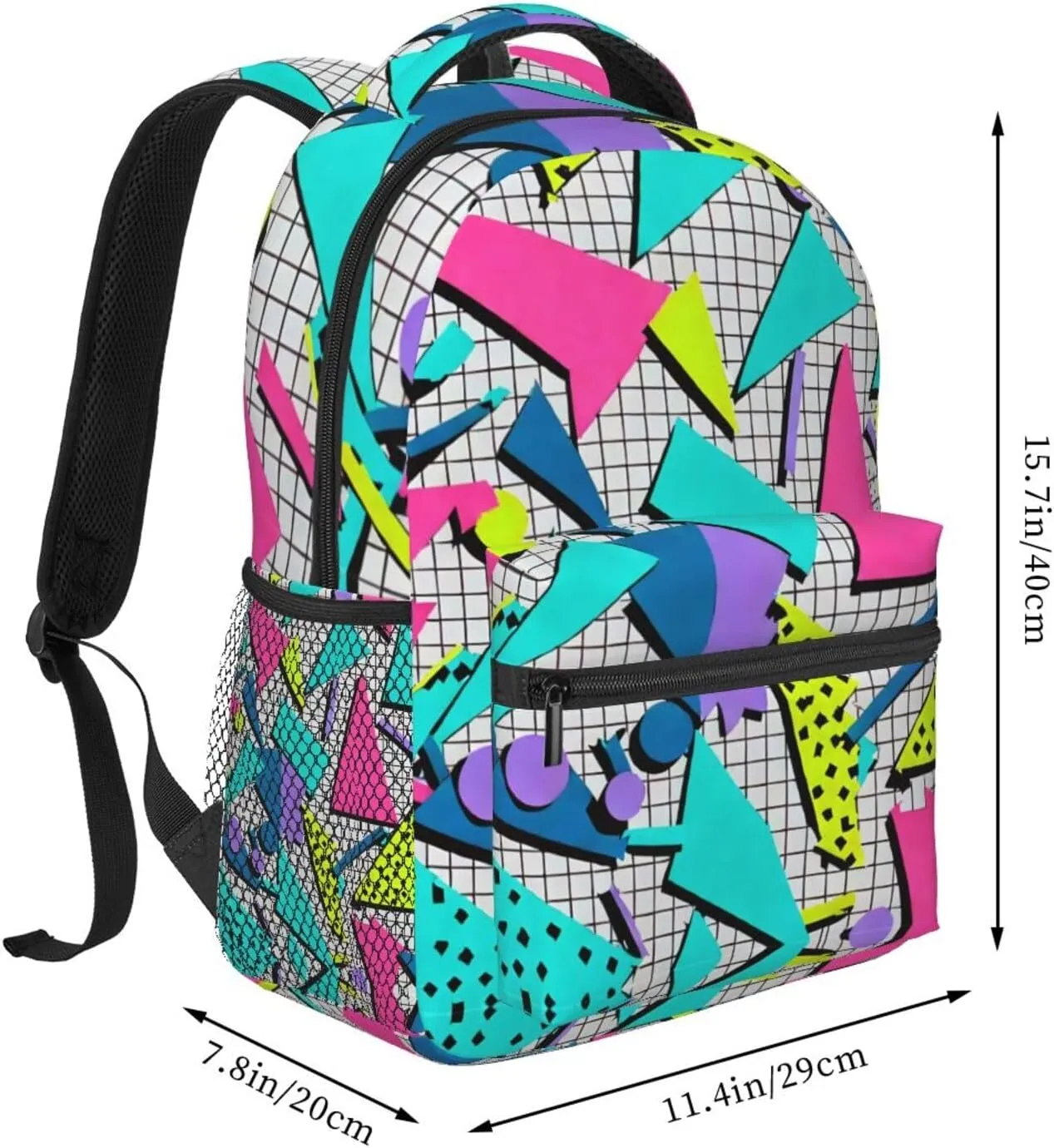 Men Women Polyester 80S 90S Fashion Style Geometric Colorful Art Daypack Big Capacity Shoulder Bag With Smooth Zippers for Hiking Work Walking Cycling