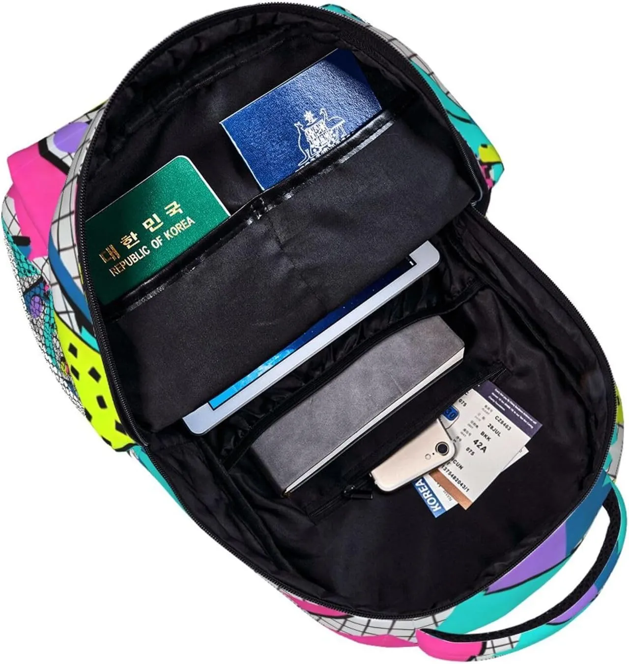 Men Women Polyester 80S 90S Fashion Style Geometric Colorful Art Daypack Big Capacity Shoulder Bag With Smooth Zippers for Hiking Work Walking Cycling