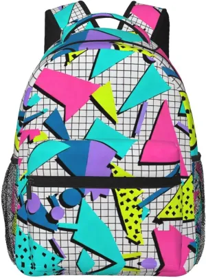 Men Women Polyester 80S 90S Fashion Style Geometric Colorful Art Daypack Big Capacity Shoulder Bag With Smooth Zippers for Hiking Work Walking Cycling