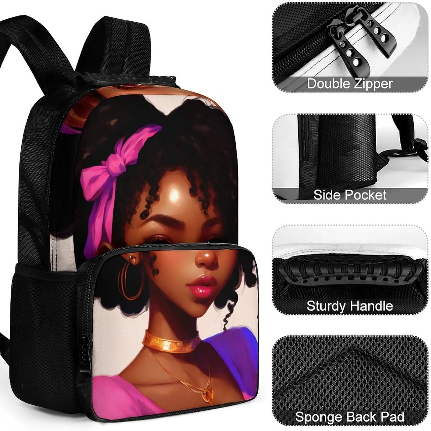 Men Women Polyester African American Women Black Women Ethnic Art Daypack Big Capacity Shoulder Bag With Adjustable Shoulder Straps for Camping Travel Walking Cycling