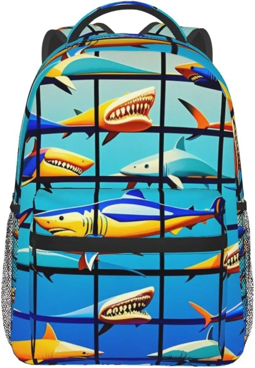 Men Women Polyester Blue Ocean Sea Shark Art Daypack Big Capacity Shoulder Bag With Adjustable Shoulder Straps for Camping Travel Walking Cycling