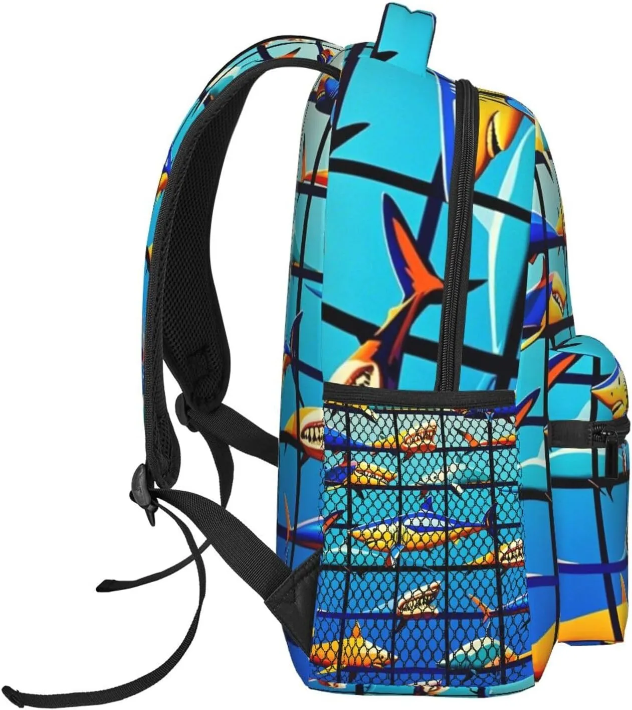 Men Women Polyester Blue Ocean Sea Shark Art Daypack Big Capacity Shoulder Bag With Adjustable Shoulder Straps for Camping Travel Walking Cycling