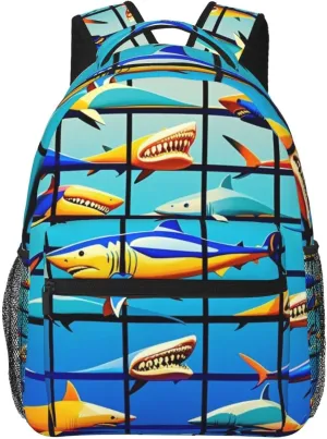 Men Women Polyester Blue Ocean Sea Shark Art Daypack Big Capacity Shoulder Bag With Adjustable Shoulder Straps for Camping Travel Walking Cycling