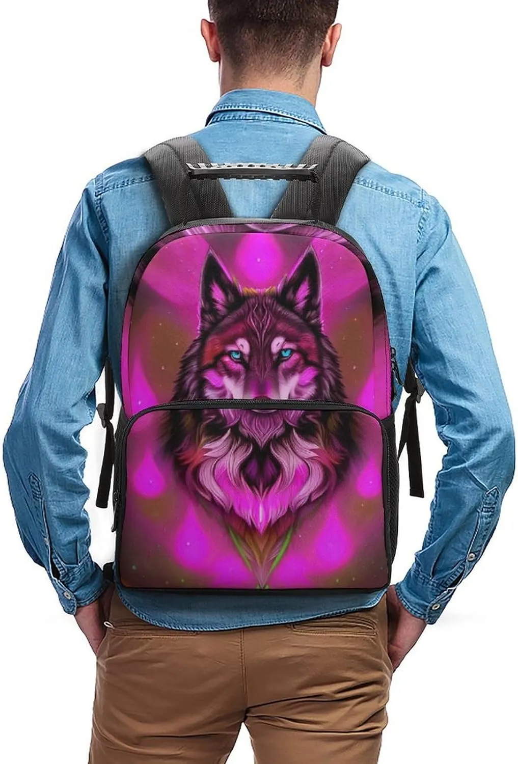 Men Women Polyester Fantastic Wolf Art Daypack Big Capacity Shoulder Bag With Smooth Zippers for Hiking Work Walking Cycling