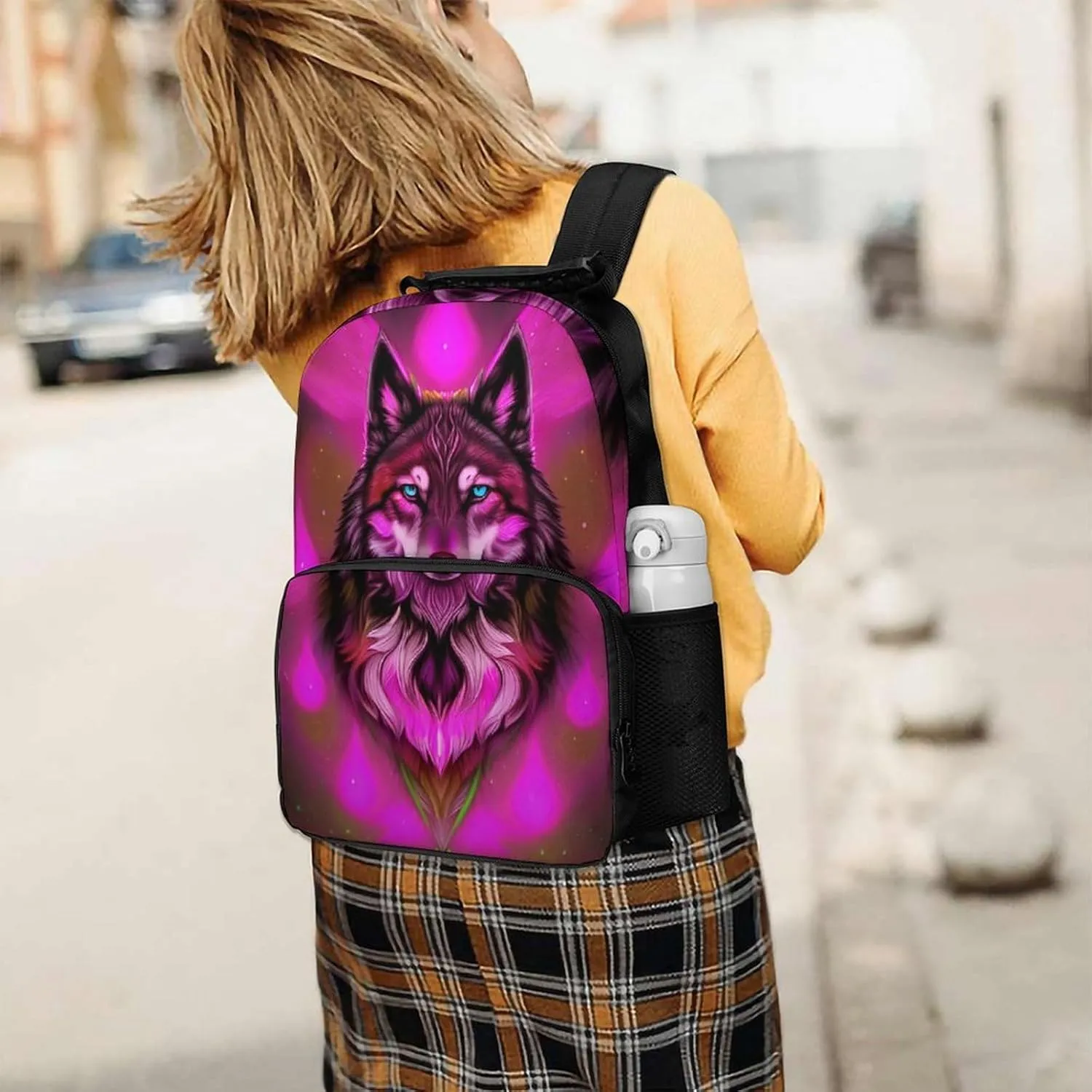 Men Women Polyester Fantastic Wolf Art Daypack Big Capacity Shoulder Bag With Smooth Zippers for Hiking Work Walking Cycling