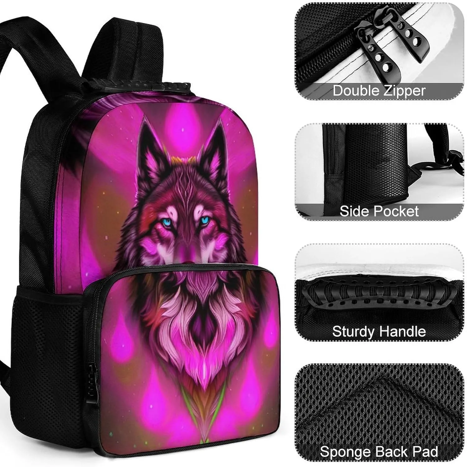 Men Women Polyester Fantastic Wolf Art Daypack Big Capacity Shoulder Bag With Smooth Zippers for Hiking Work Walking Cycling