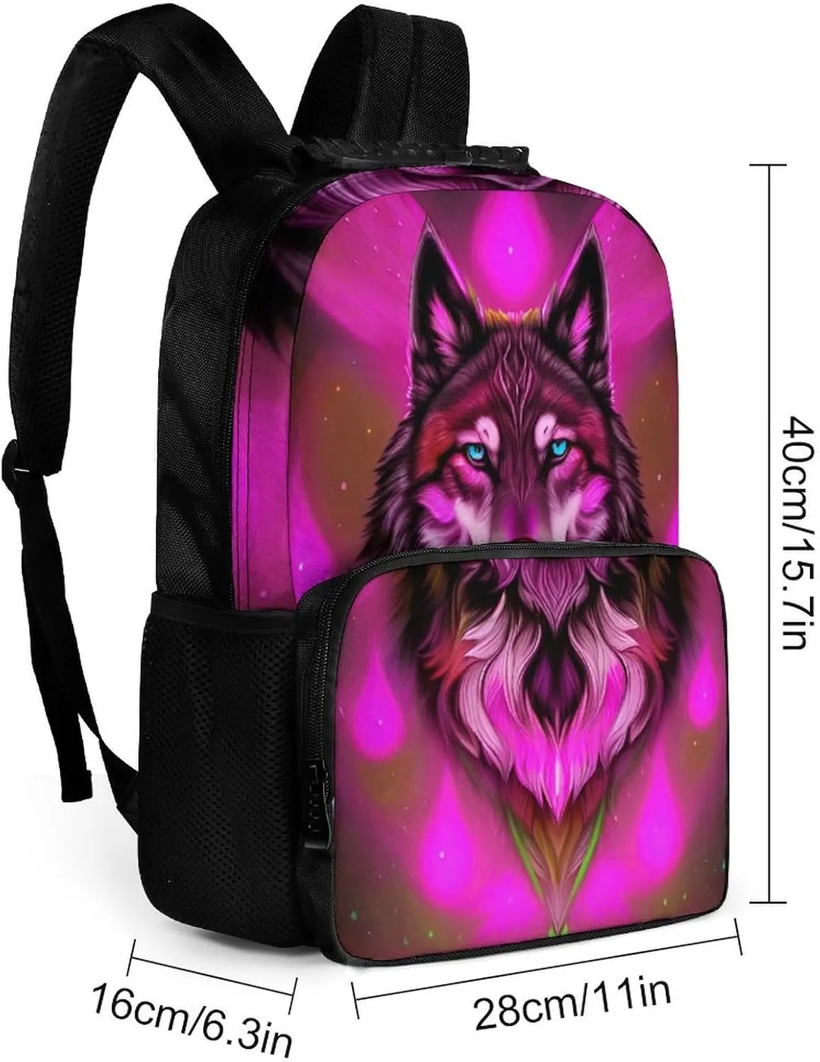 Men Women Polyester Fantastic Wolf Art Daypack Big Capacity Shoulder Bag With Smooth Zippers for Hiking Work Walking Cycling