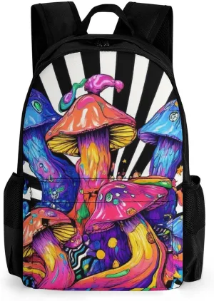 Men Women Polyester Trippy Mushrooms Daypack Big Capacity Shoulder Bag With Smooth Zippers for Hiking Work Walking Cycling