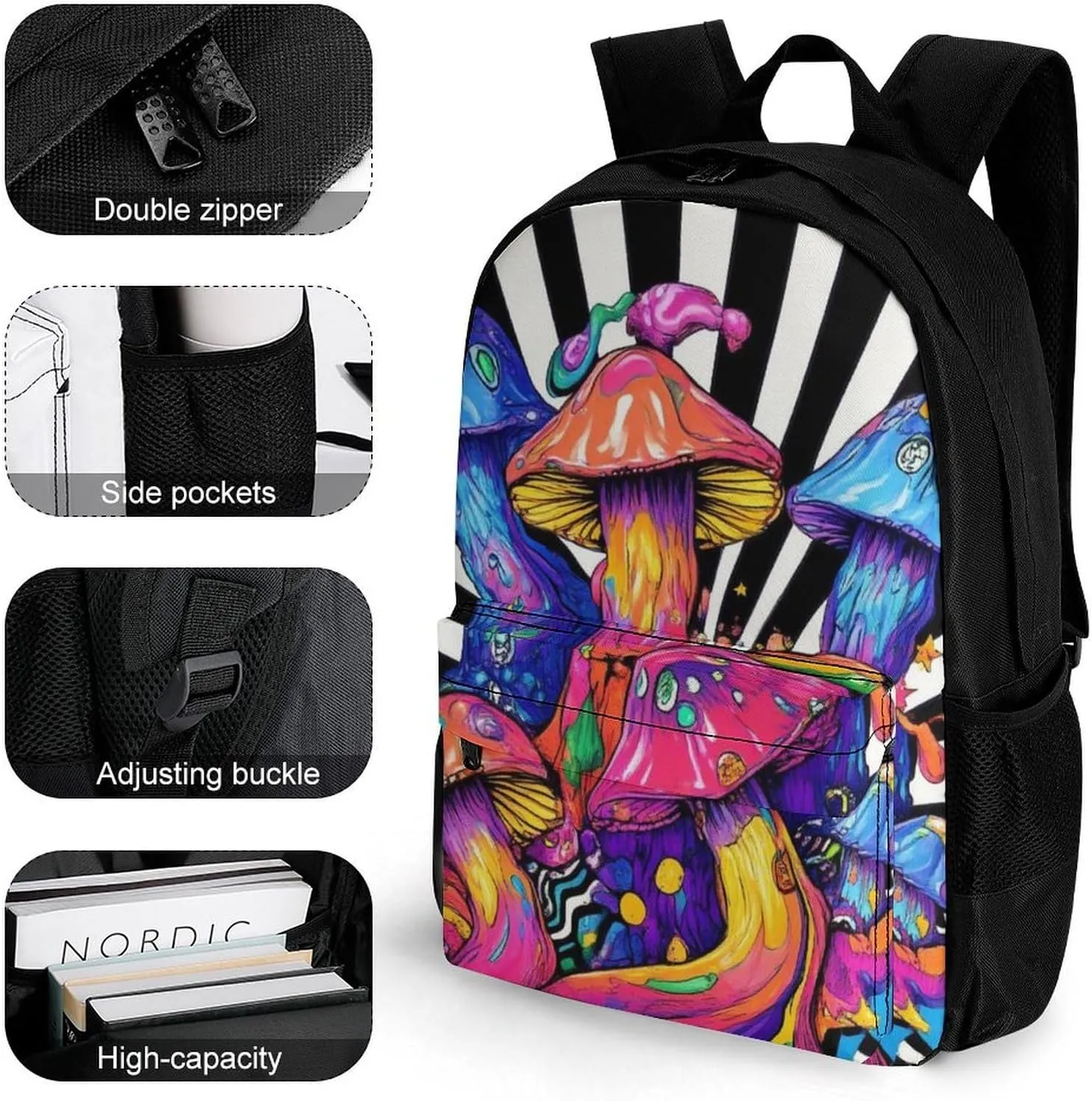 Men Women Polyester Trippy Mushrooms Daypack Big Capacity Shoulder Bag With Smooth Zippers for Hiking Work Walking Cycling