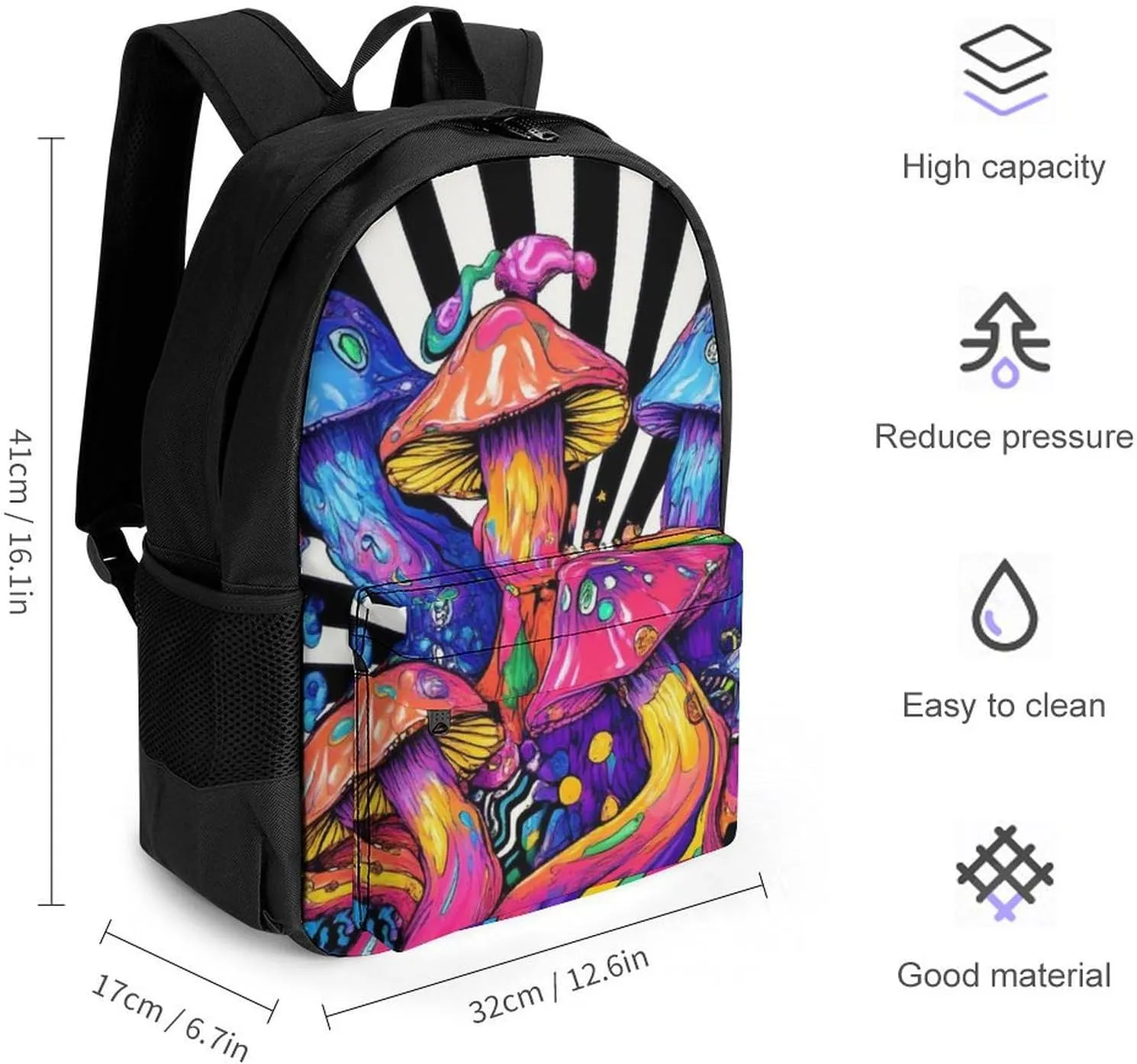 Men Women Polyester Trippy Mushrooms Daypack Big Capacity Shoulder Bag With Smooth Zippers for Hiking Work Walking Cycling