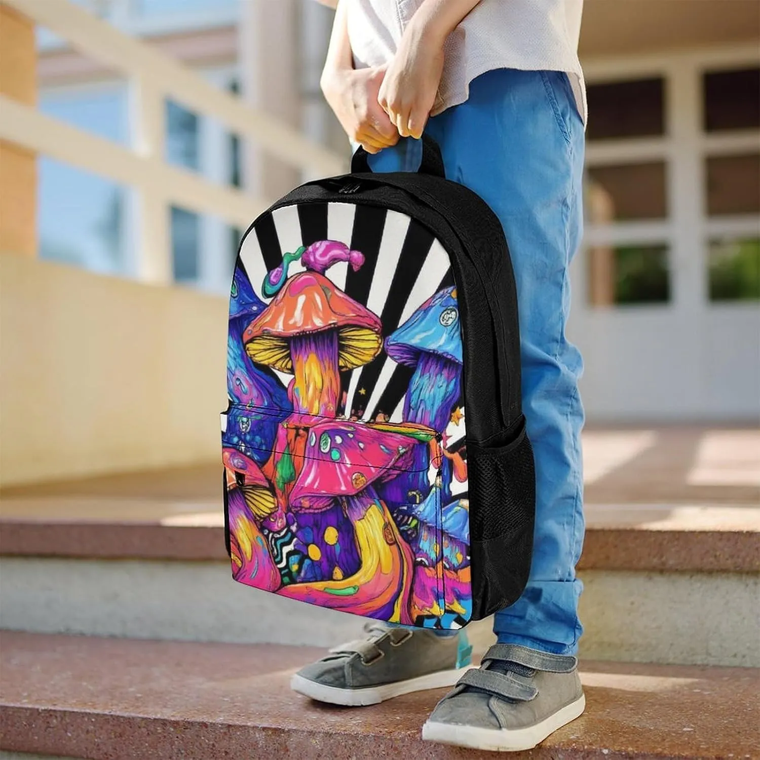 Men Women Polyester Trippy Mushrooms Daypack Big Capacity Shoulder Bag With Smooth Zippers for Hiking Work Walking Cycling