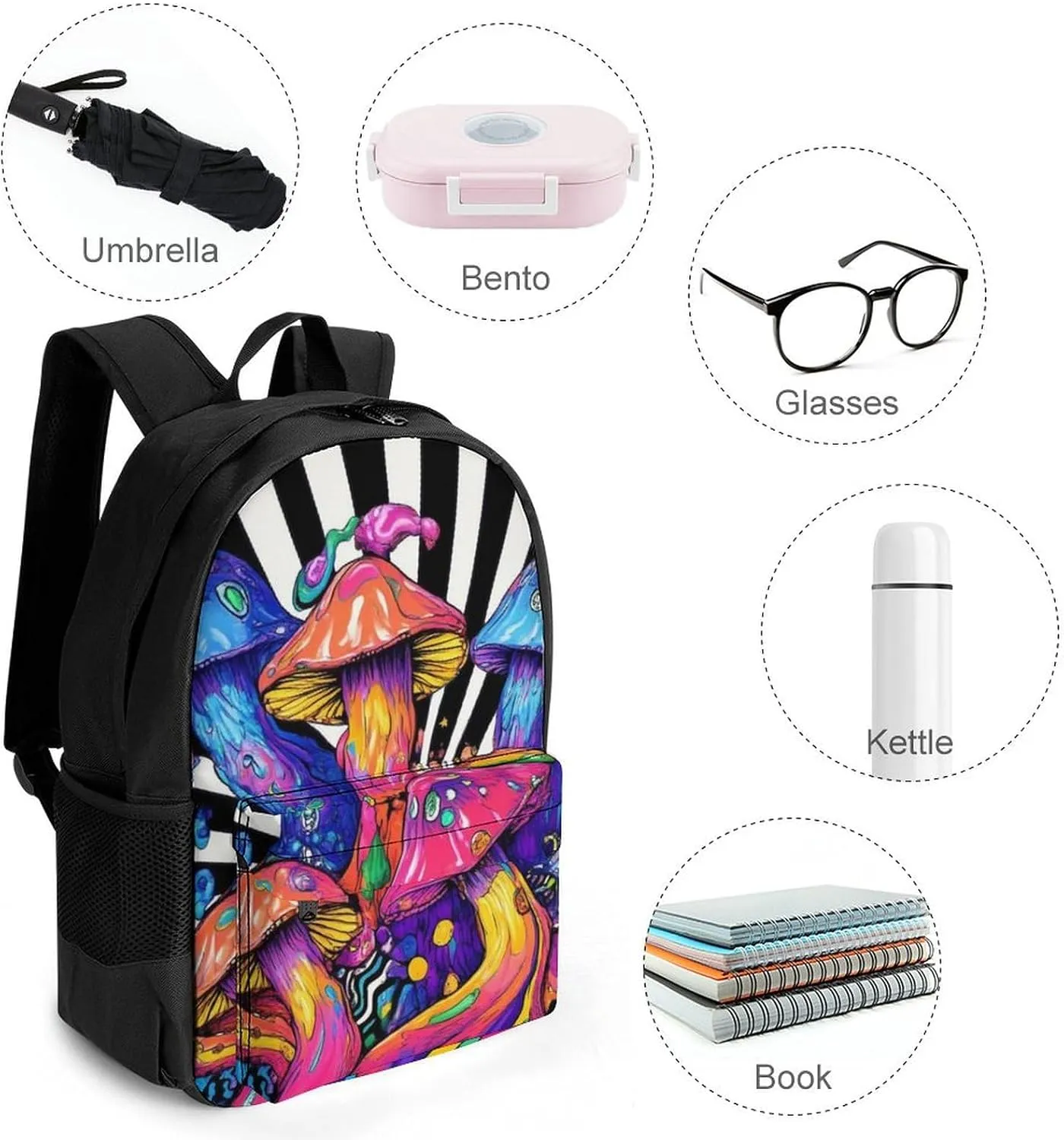 Men Women Polyester Trippy Mushrooms Daypack Big Capacity Shoulder Bag With Smooth Zippers for Hiking Work Walking Cycling