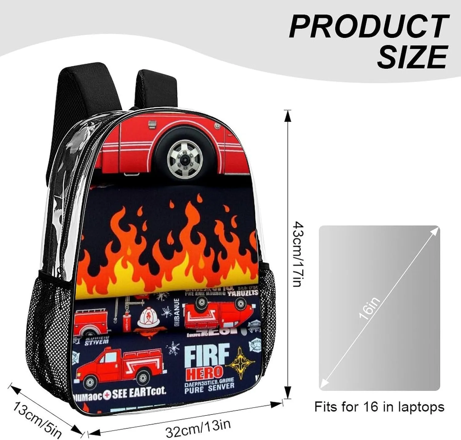 Men Women Transparent Fire Fighter Truck Daypack Big Capacity Shoulder Bag With Adjustable Shoulder Straps for Camping Travel Walking Cycling