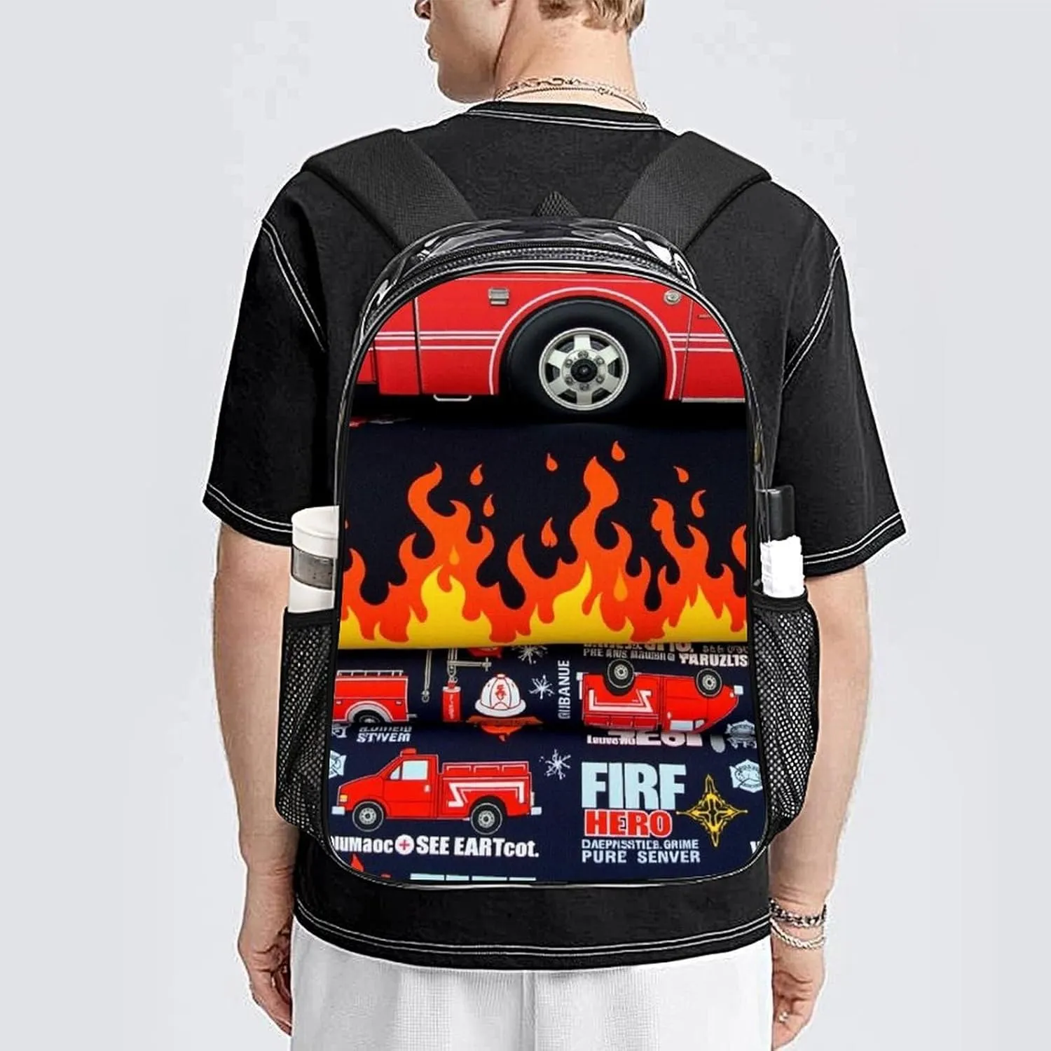 Men Women Transparent Fire Fighter Truck Daypack Big Capacity Shoulder Bag With Adjustable Shoulder Straps for Camping Travel Walking Cycling