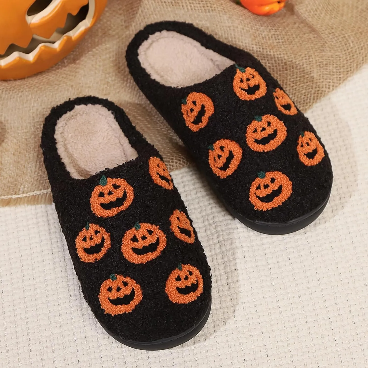 Menore Memory Foam Slippers for Womens Mens Plush Warm Spooky Lantern Cute Slippers House Shoes