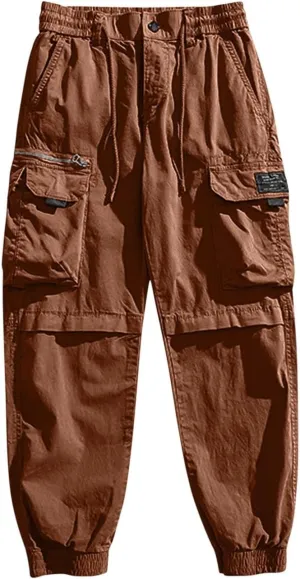 Mens Cargo Pants Drawstring Elastic Waist Work Joggers for Men Outdoor Camping Travel Trousers with Pocket