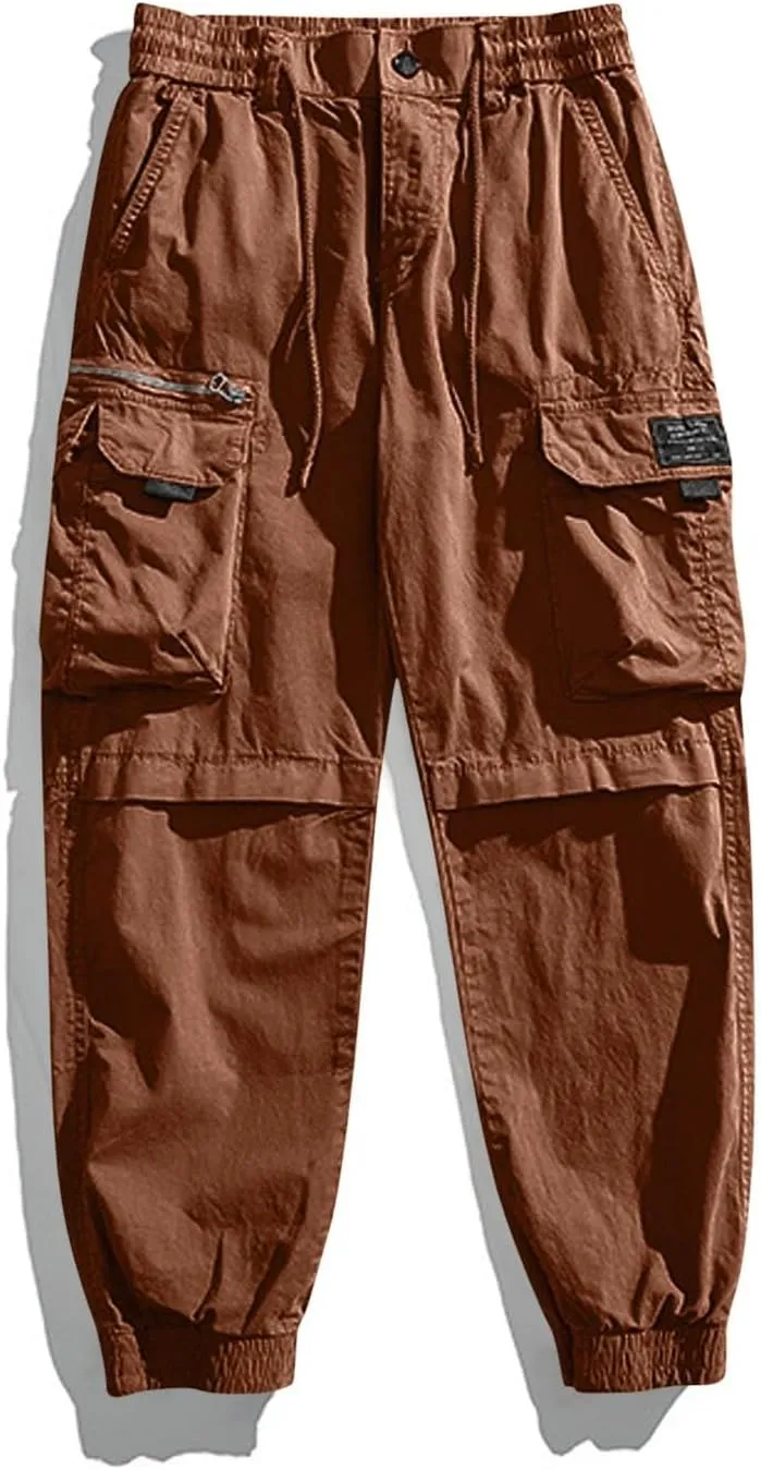 Mens Cargo Pants Drawstring Elastic Waist Work Joggers for Men Outdoor Camping Travel Trousers with Pocket
