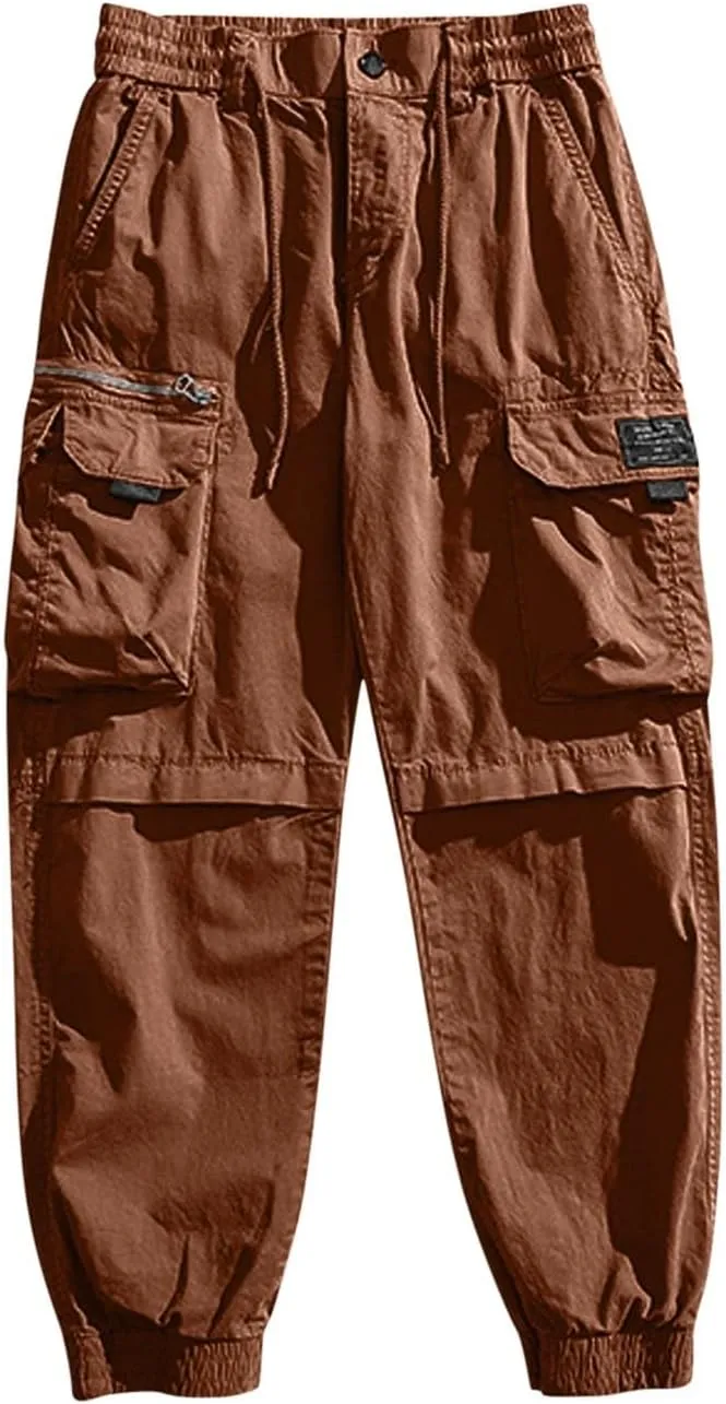 Mens Cargo Pants Drawstring Elastic Waist Work Joggers for Men Outdoor Camping Travel Trousers with Pocket