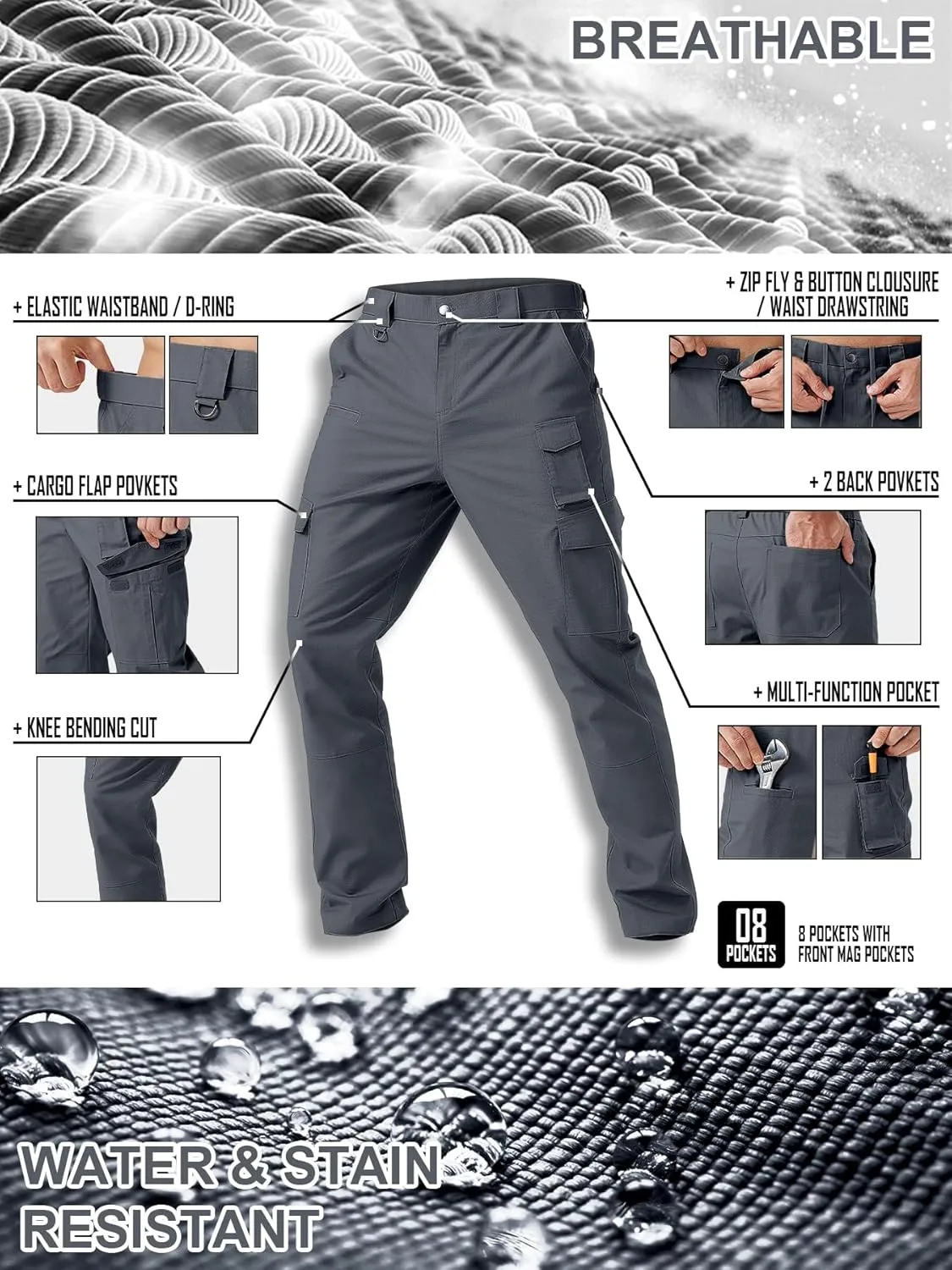 Men's Cargo Work Pants Water Resistant Tactical Pants 29"/31"/33" Lightweight Hiking Ripstop Pants Outdoor Apparel