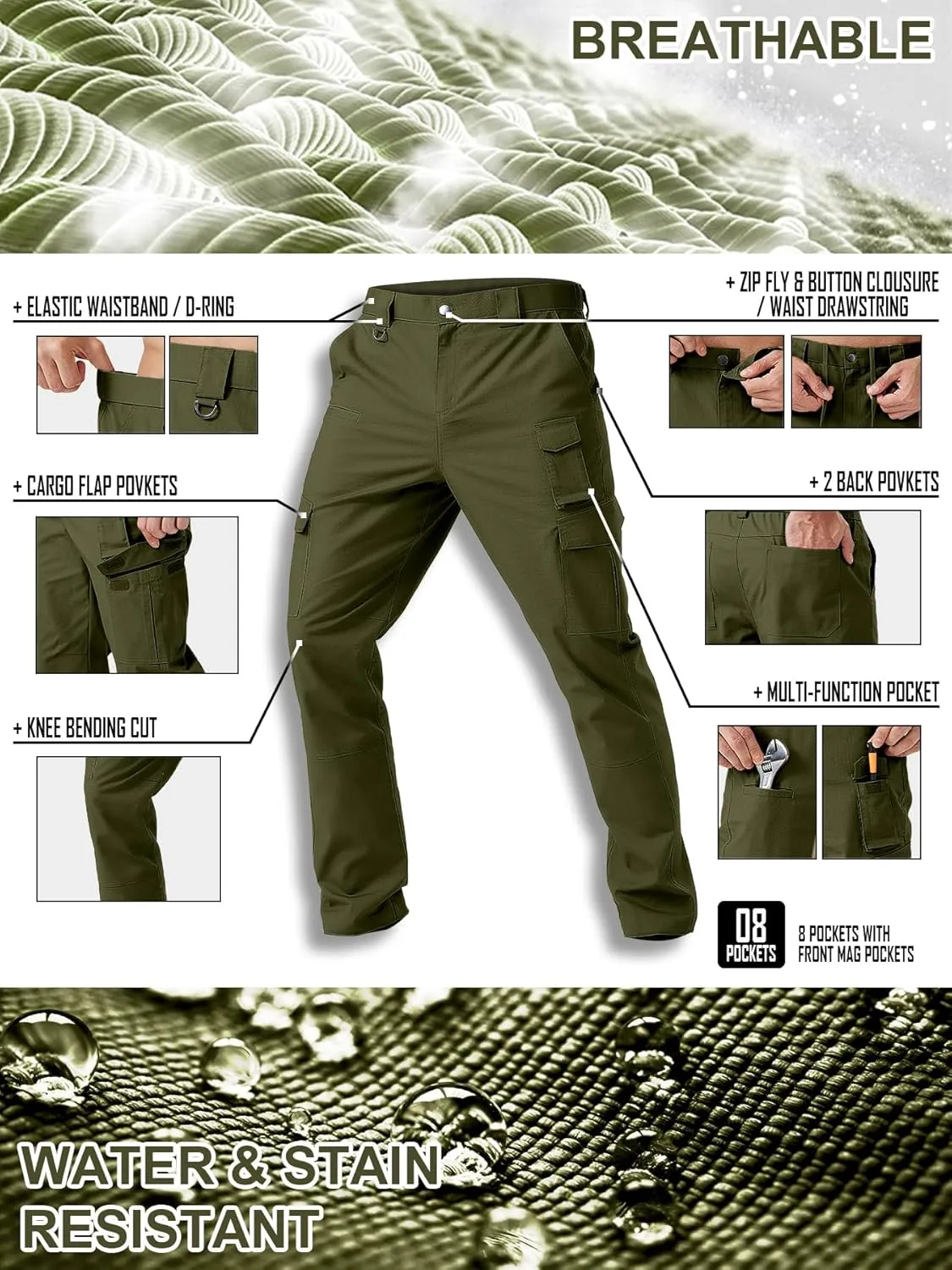 Men's Cargo Work Pants Water Resistant Tactical Pants 29"/31"/33" Lightweight Hiking Ripstop Pants Outdoor Apparel