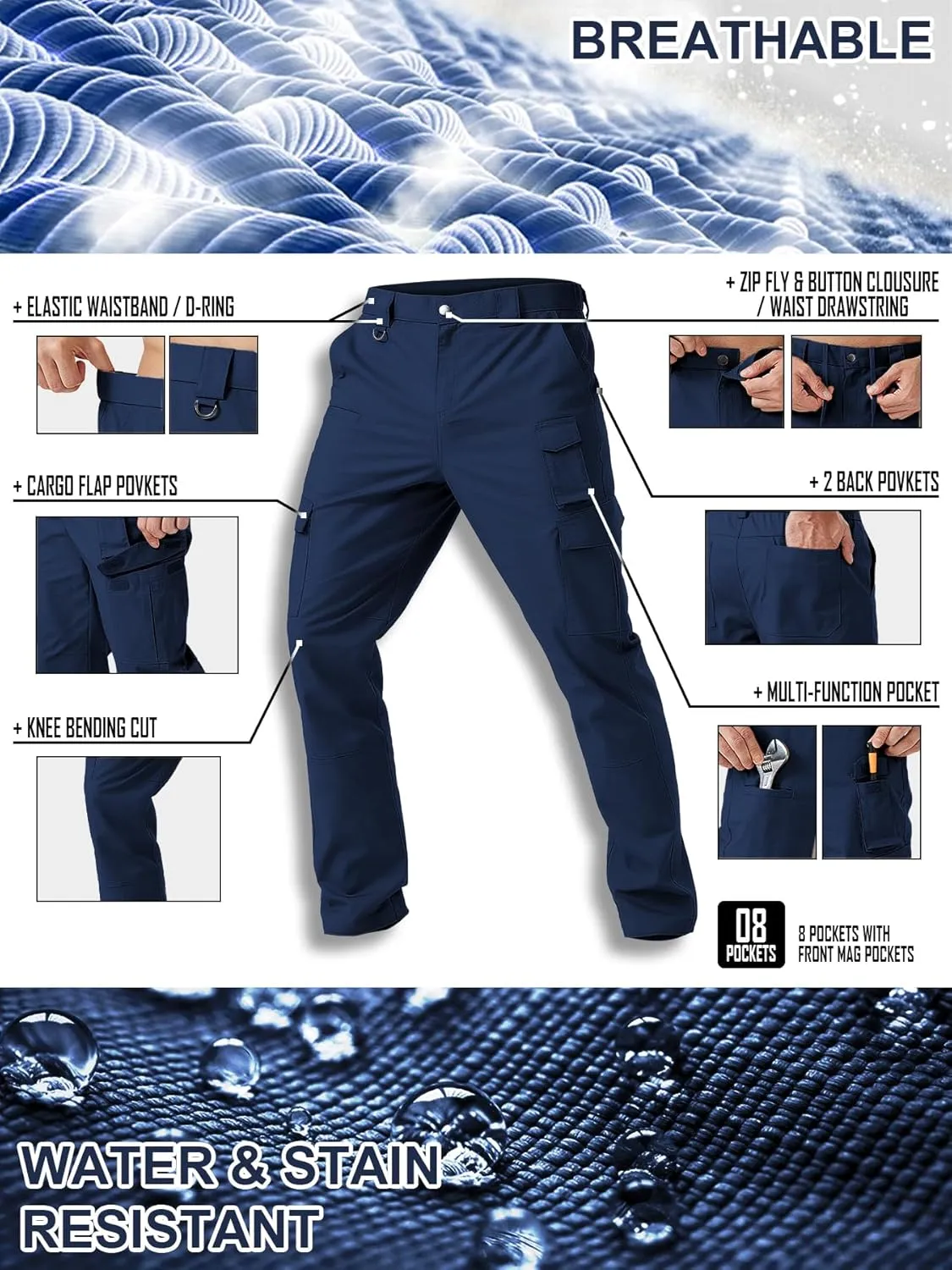Men's Cargo Work Pants Water Resistant Tactical Pants 33.1" Lightweight Hiking Ripstop Pants Outdoor Apparel