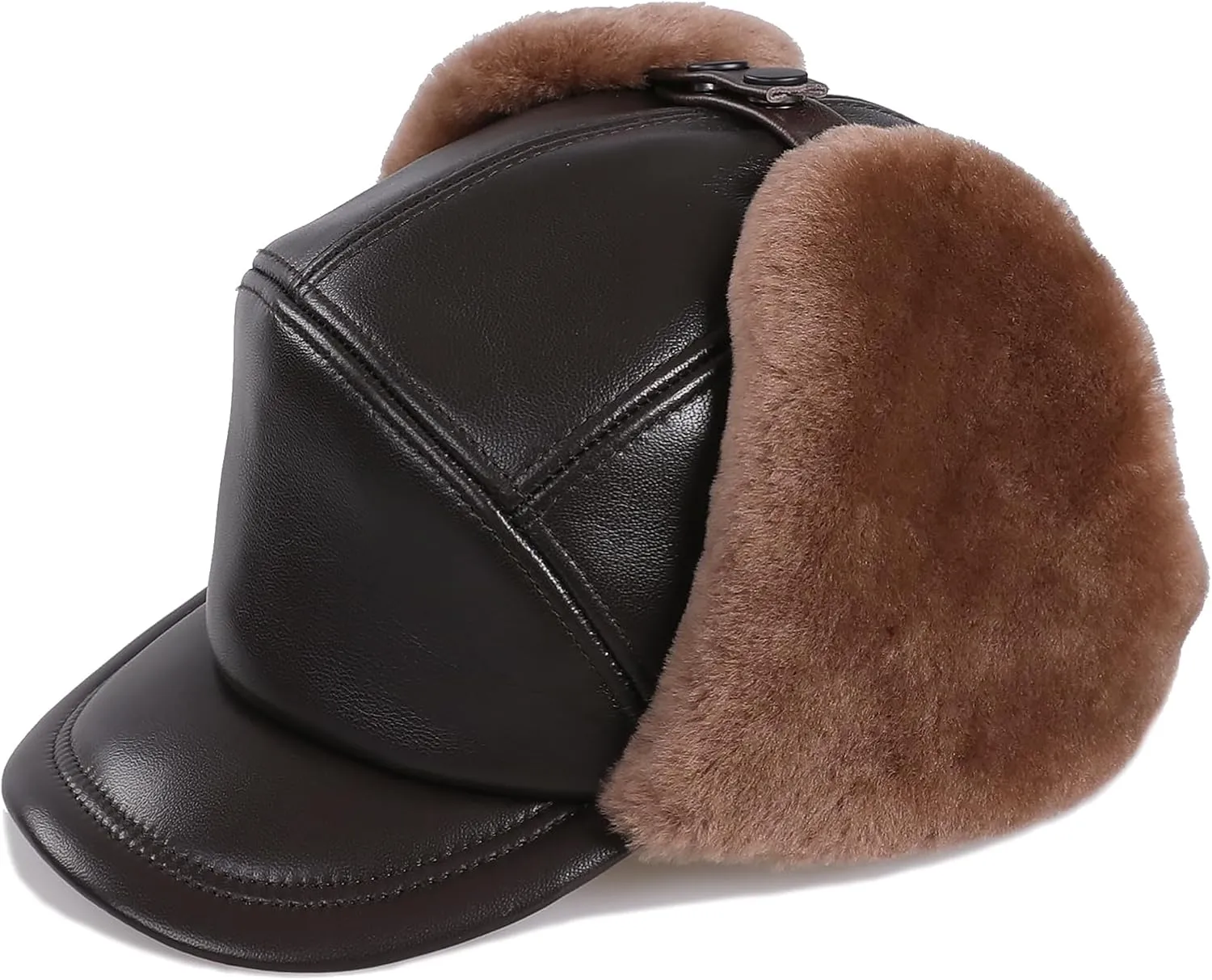 Mens Shearling Sheepskin Leather Aviator Russian Ushanka Trapper Peaked Winter Fur Hat