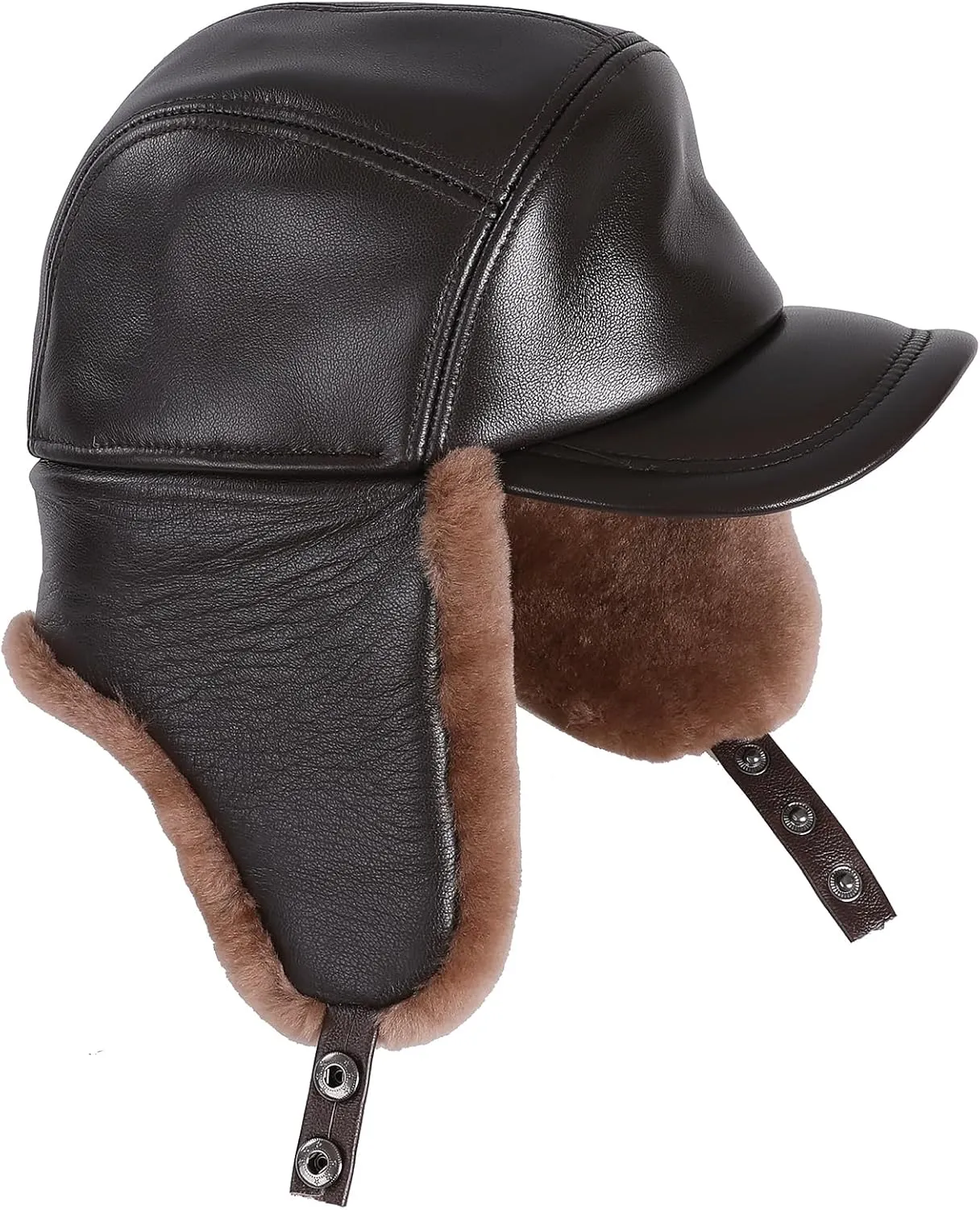 Mens Shearling Sheepskin Leather Aviator Russian Ushanka Trapper Peaked Winter Fur Hat
