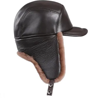 Mens Shearling Sheepskin Leather Aviator Russian Ushanka Trapper Peaked Winter Fur Hat