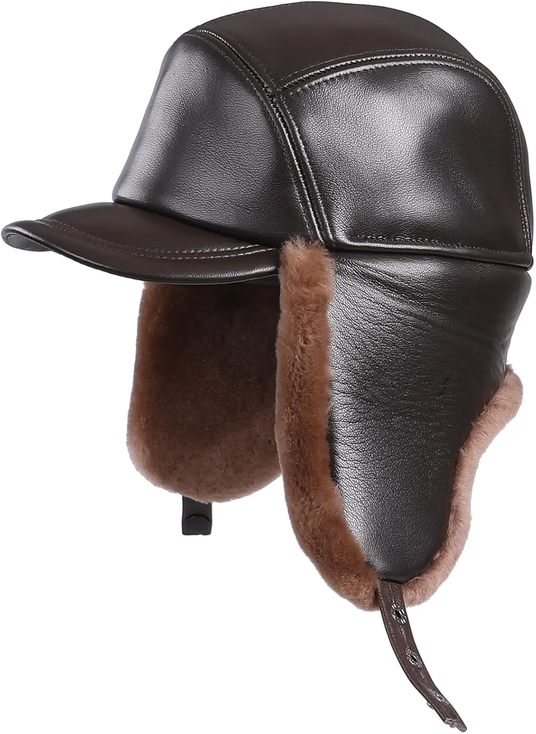 Mens Shearling Sheepskin Leather Aviator Russian Ushanka Trapper Peaked Winter Fur Hat