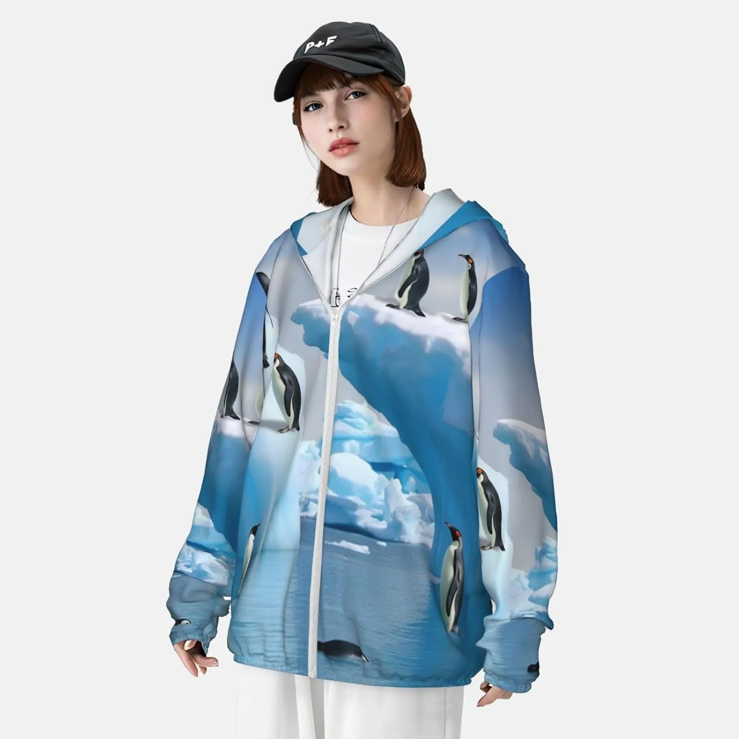 Men's UPF 50  Penguins On The Iceberg Sun Protection Hoodie Long Sleeve Rash Guard Hiking Running Workout Shirt