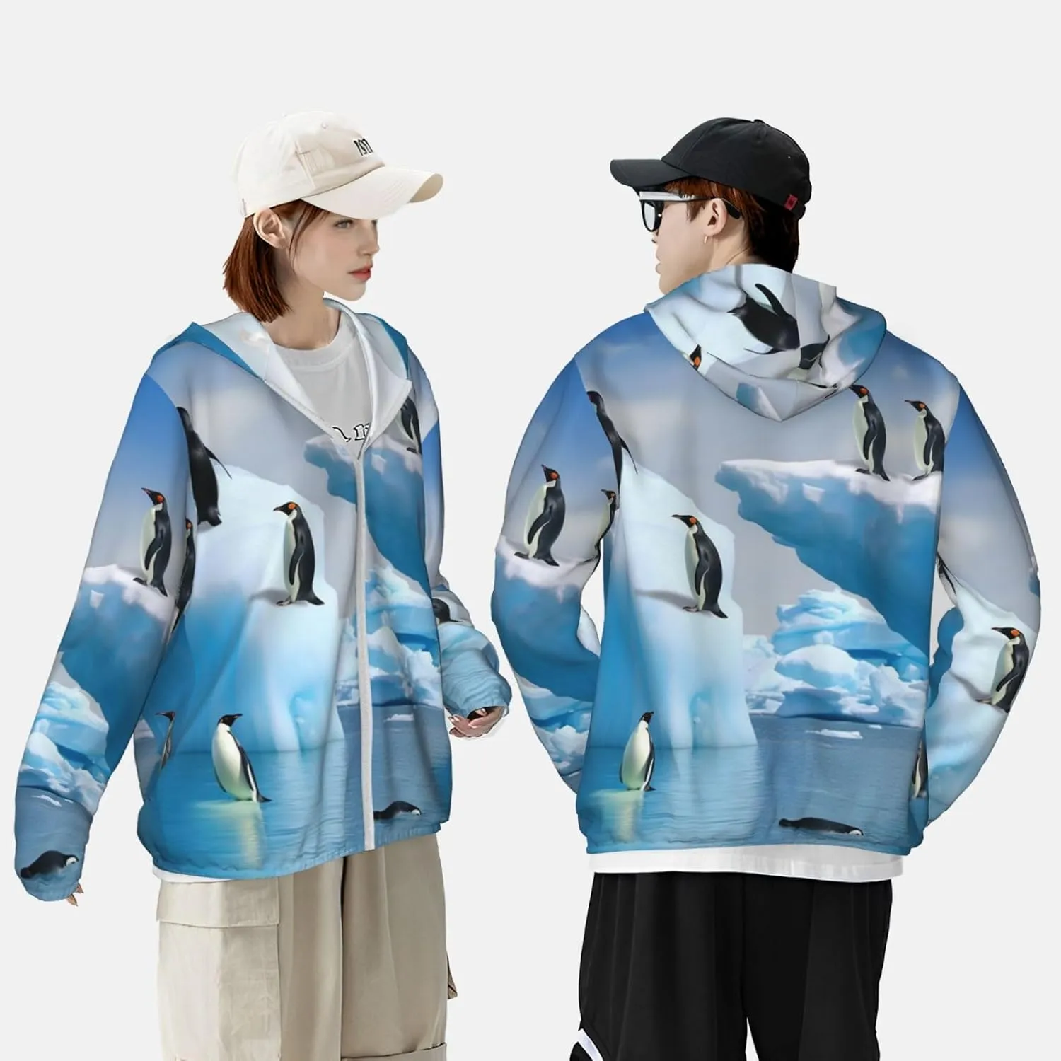 Men's UPF 50  Penguins On The Iceberg Sun Protection Hoodie Long Sleeve Rash Guard Hiking Running Workout Shirt