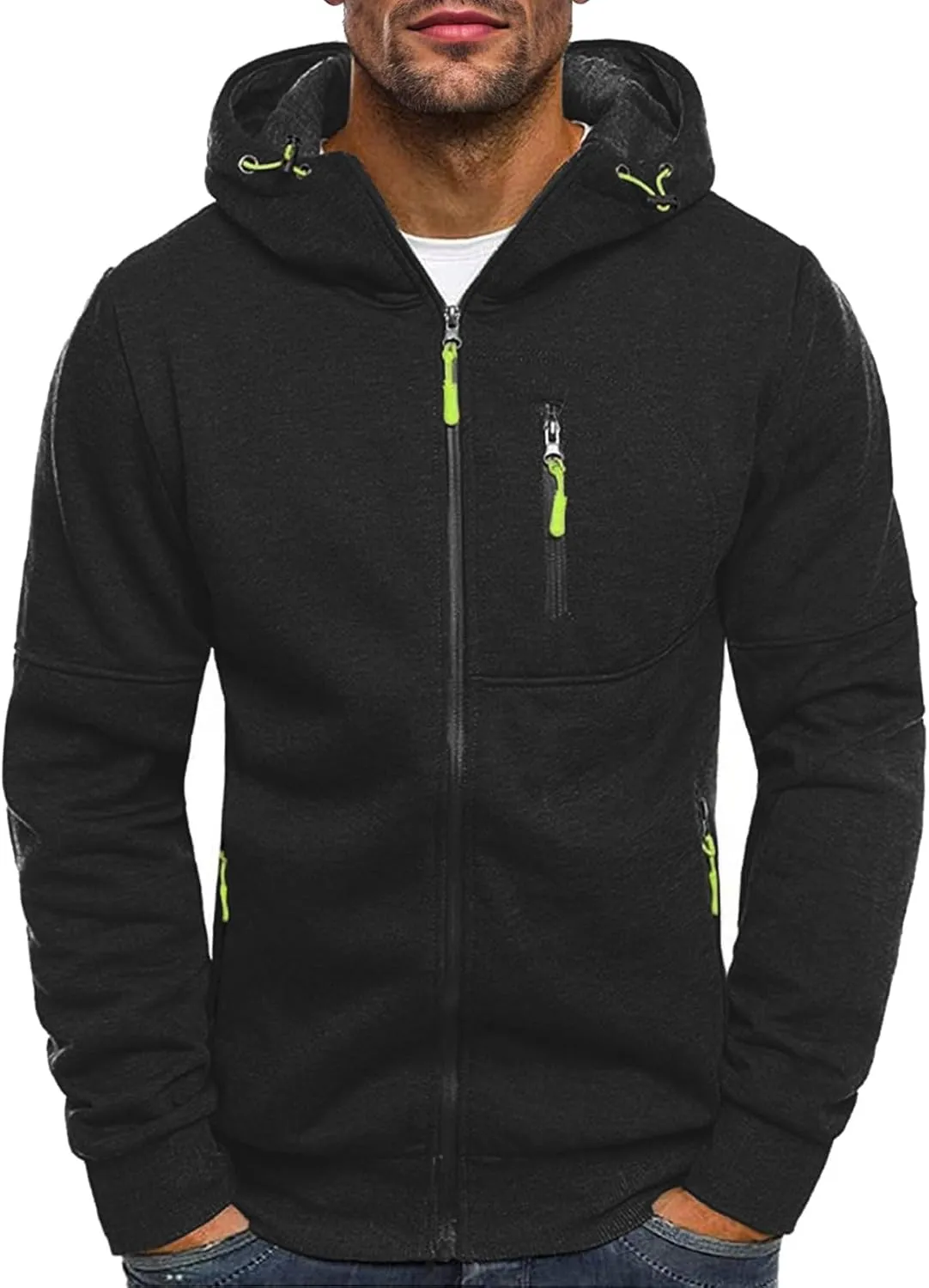 Men's Zip Up Fleece Hoodie Lightweight Sweatshirt Long Sleeve Sports Hooded Jacket with Zipper Pockets