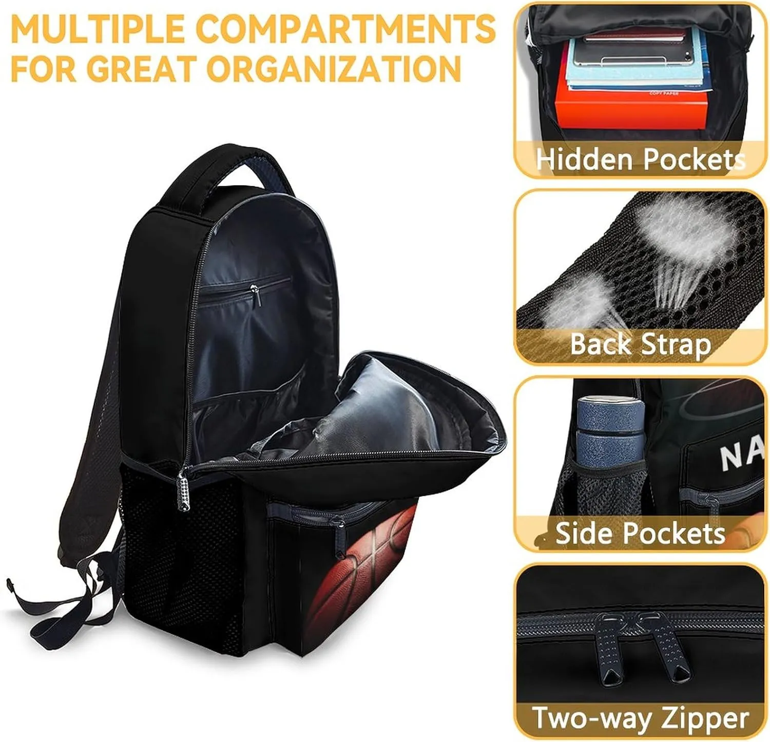 Mercuryelf Personalized Basketball Backpack for Boys Girls, 16 Inch Black Backpacks for School Travel, Cool Lightweight Bookbag for Kids