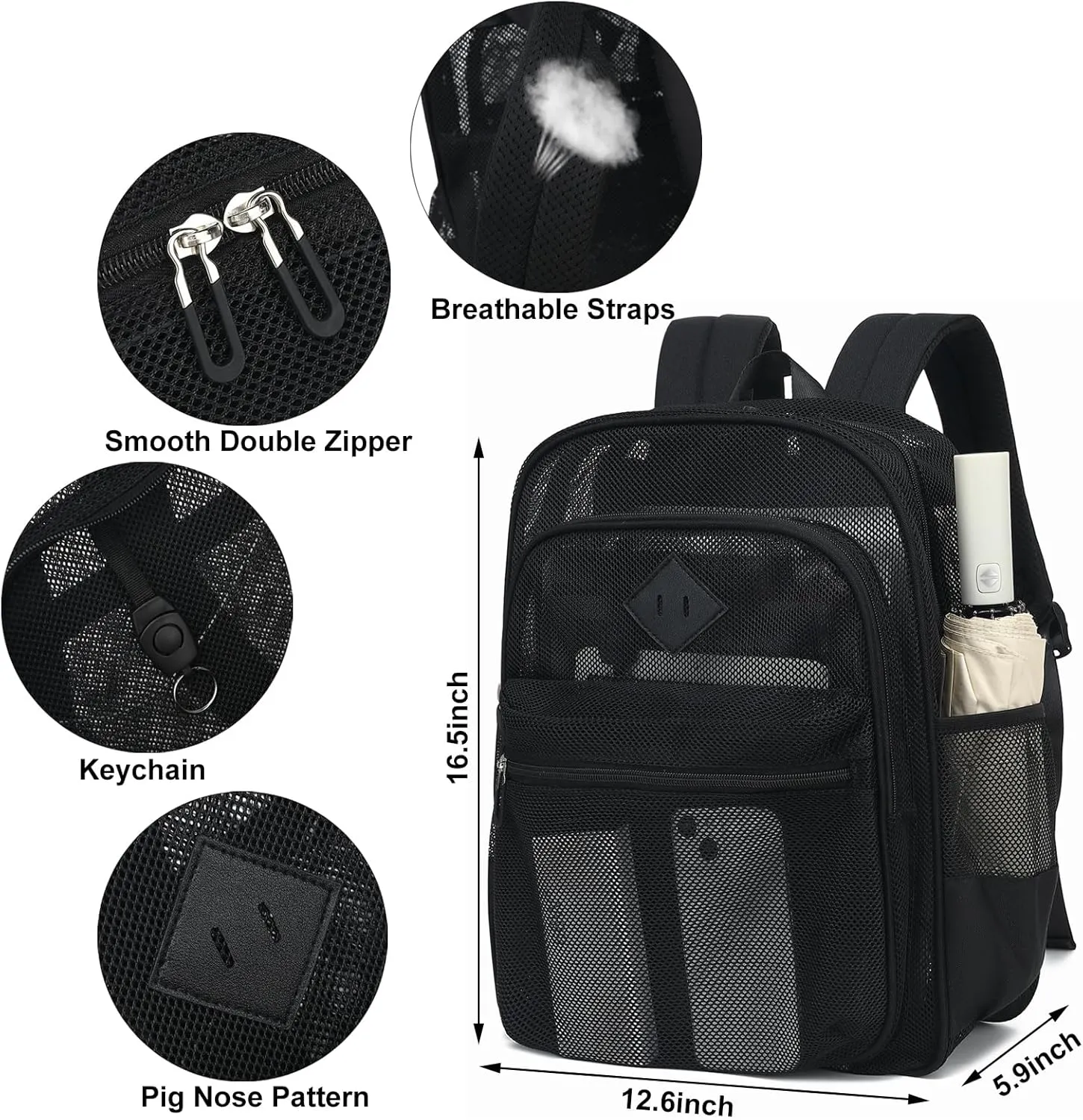 Mesh Bacpack Heavy Duty for School, Lightweight See Through College Backpack for Work Beach Sports (Black)