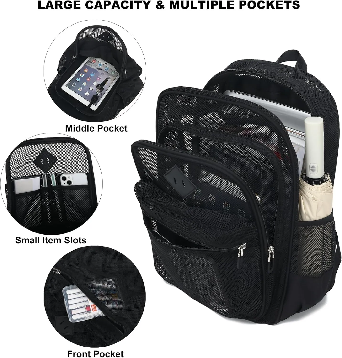Mesh Bacpack Heavy Duty for School, Lightweight See Through College Backpack for Work Beach Sports (Black)