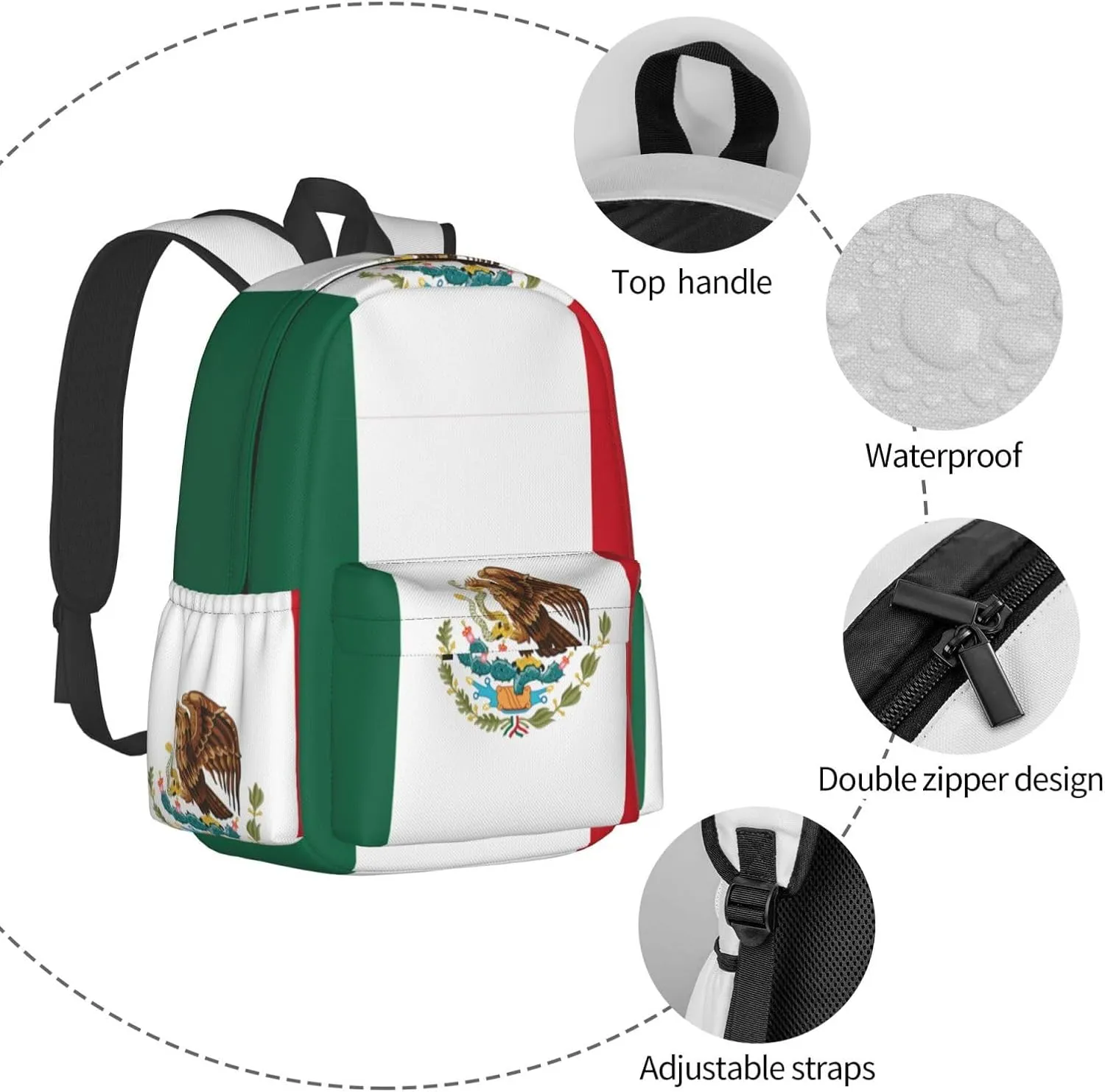 Mexican Flag Backpack Large Capacity Backpack Lightweight Double Shoulder Bag For Women Men Travel