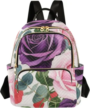 Mini Backpack Quilted Purse for Womens Small Backpack Daypack Rose Design for Travel Daily Camping,Multi1