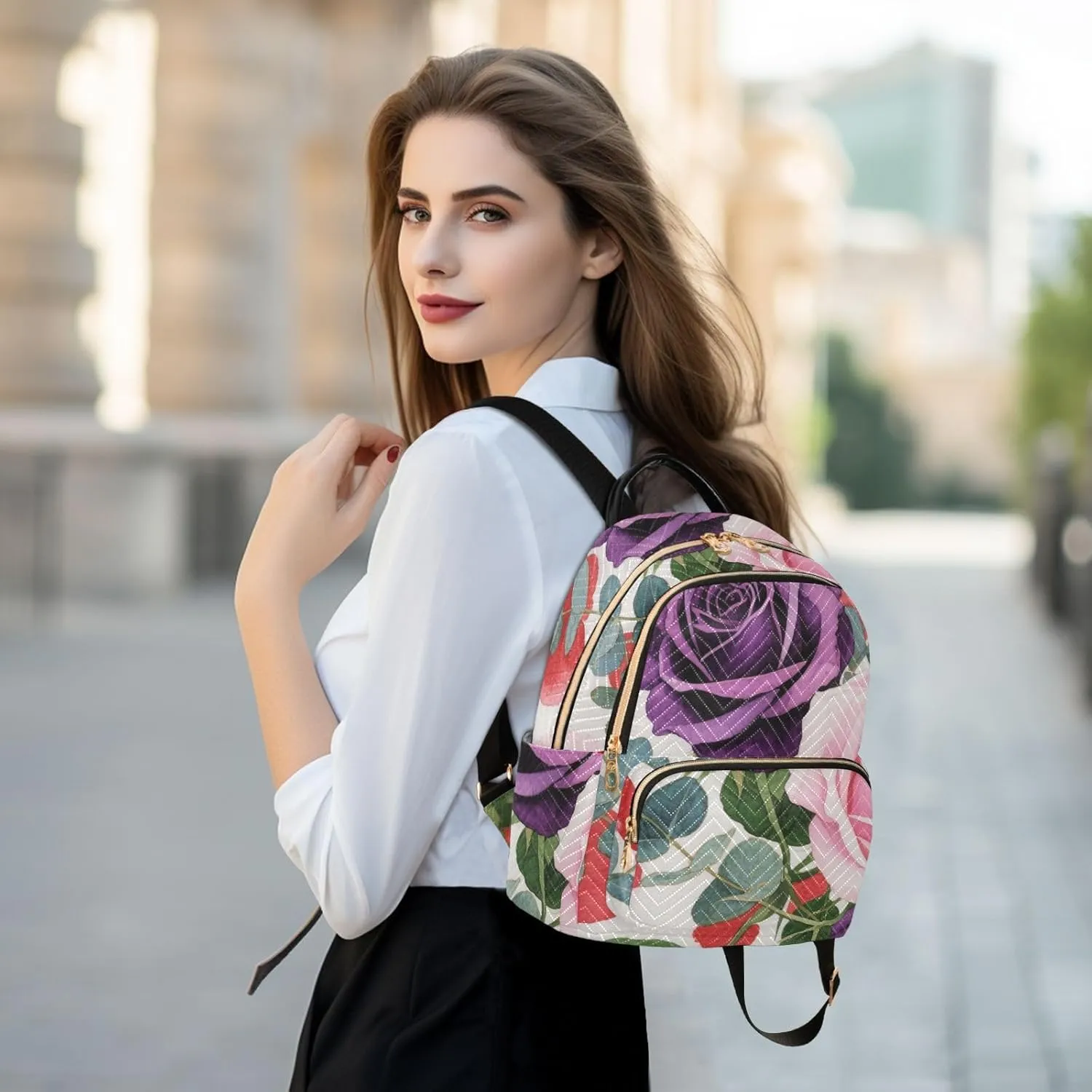 Mini Backpack Quilted Purse for Womens Small Backpack Daypack Rose Design for Travel Daily Camping,Multi1